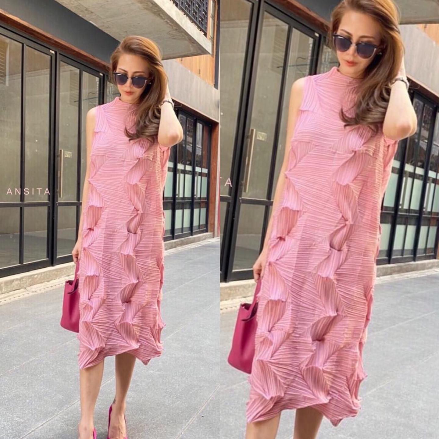 มินิเดรสแขนกุด 🥰 อัดพลีท แบบหยักมุม ให้ดูแปลกตา ทรงปล่อย แพตเทิร์นเบสิค ใส่ง่าย สินค้าคุณภาพ (พร้อมส่ง)