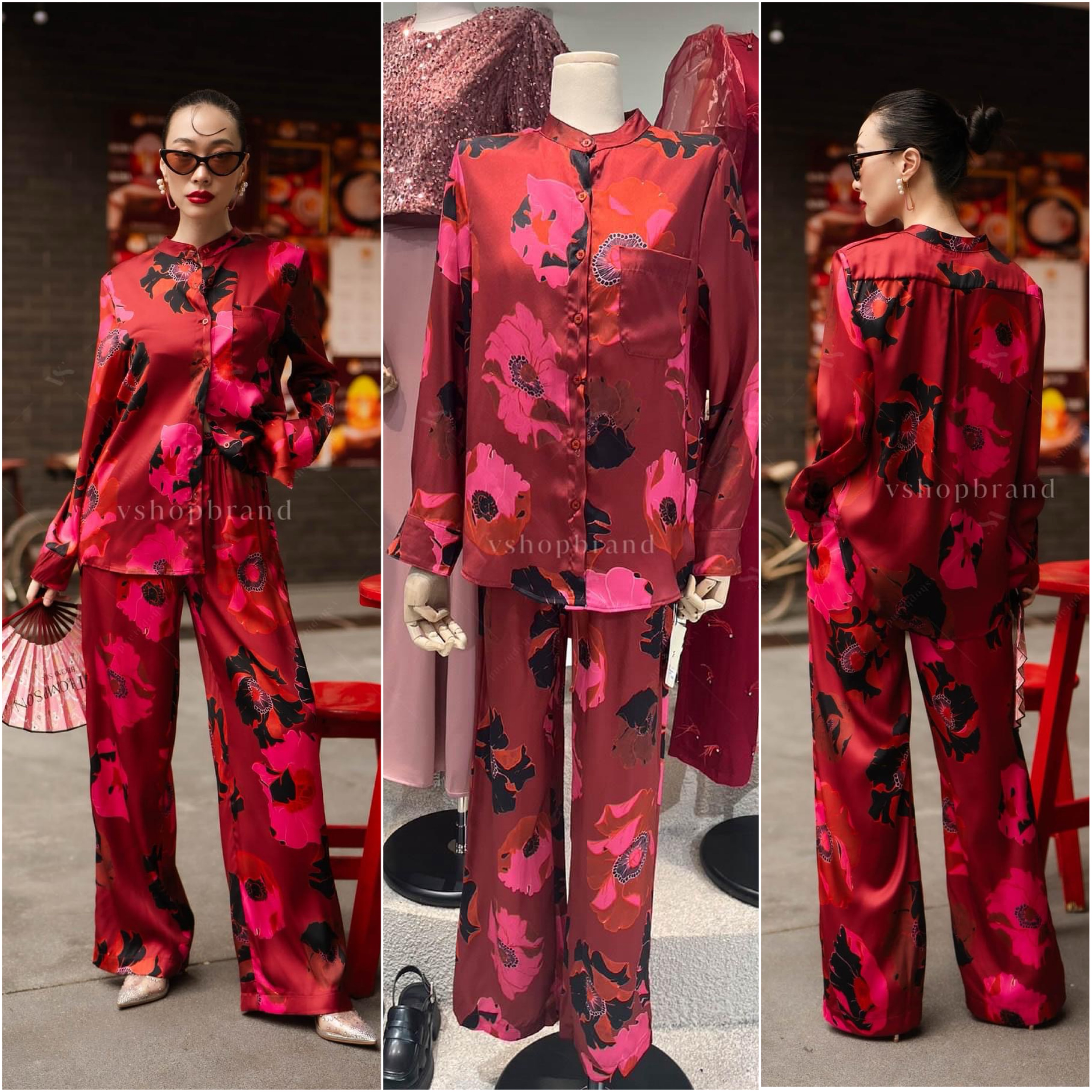 Set เสื้อเชิ้ตคอปีน ลายดอกโบตั๋น + กางเกงขายาว ต้อนรับตรุษจีน สินค้าคุณภาพ (พร้อมส่ง)