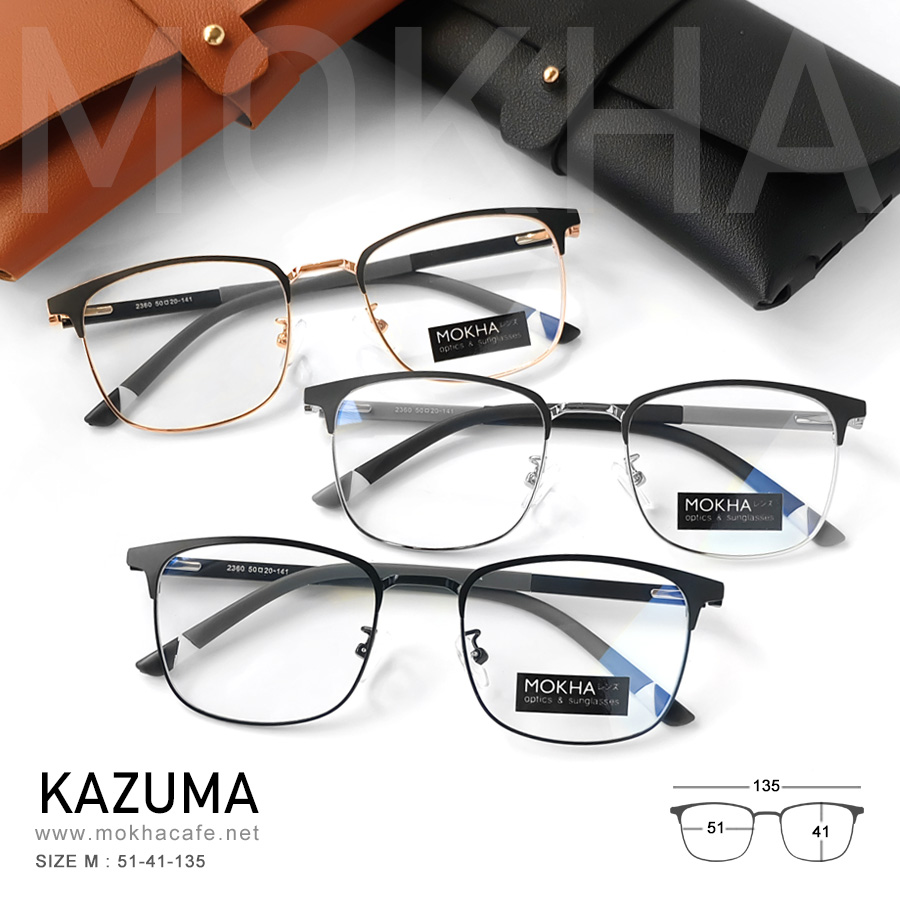 KAZUMA - black silver กรอบแว่นโลหะ กรอบทรงเหลี่ยม ขาสปริง clubmaster กว้าง 135 มม. (sizeM) H41