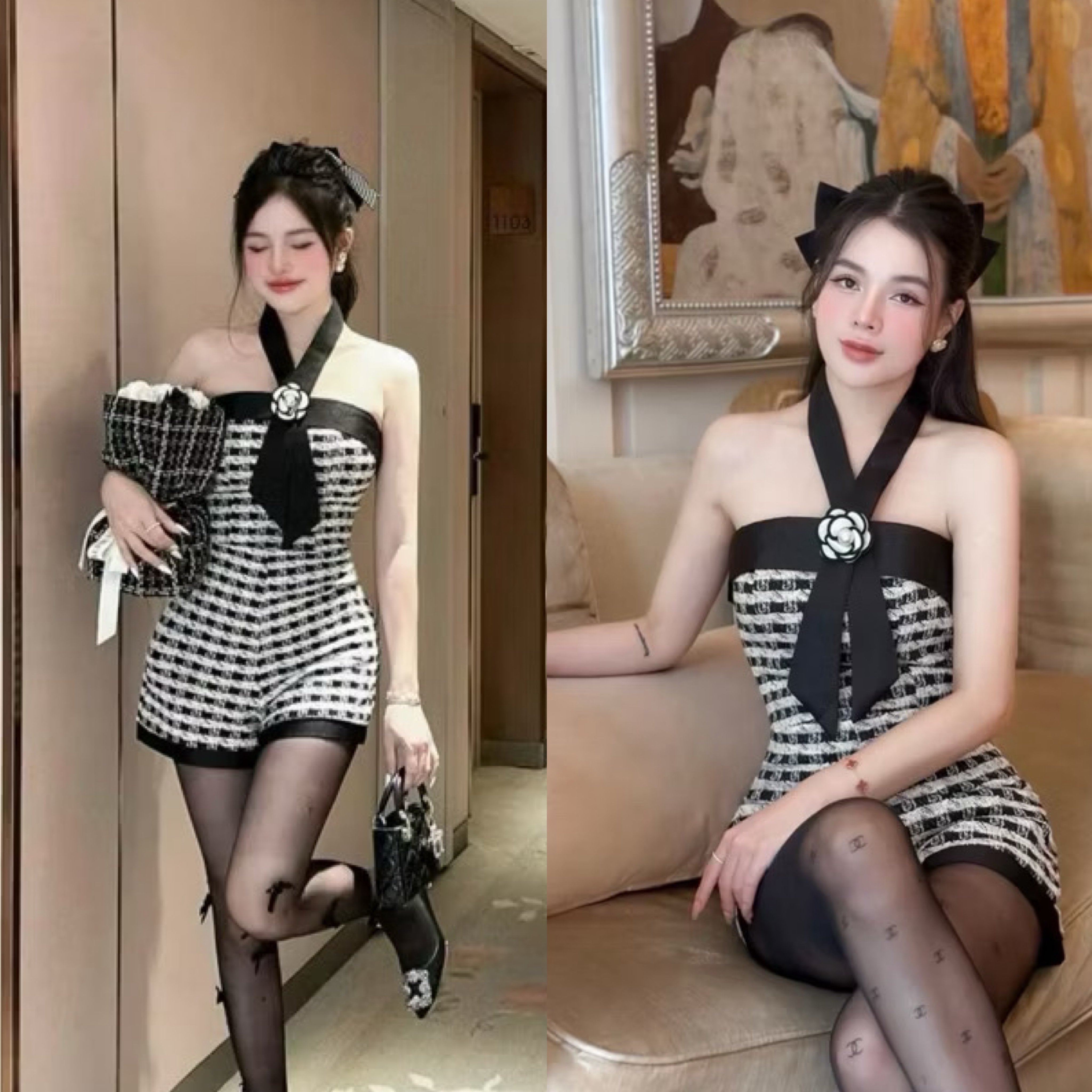 จั้มสูทเกาะอกขาสั้นเนื้อผ้าทอทวีตสีดำ ลายตารางขาวดำผสมดิ้นทองกุ๊นขอบด้วยสีดำ เพิ่มความเก๋ด้วยริบบิ้นยาวใส่คล้องคอ/มีเข็มกลัด ใส่สบาย : สินค้าคุณภาพ (พร้อมส่ง)