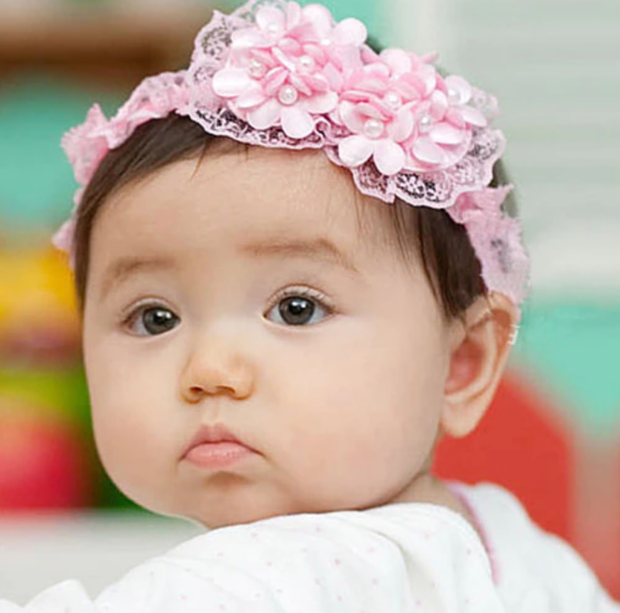 NanaBaby ผ้าคาดผมทารก ที่คาดผมเด็กอ่อน ผ้าคาดผมเด็กอ่อน สีชมพูสวยหวาน ผ้าลูกไม้ประดับมุกและดอกไม้น่ารัก