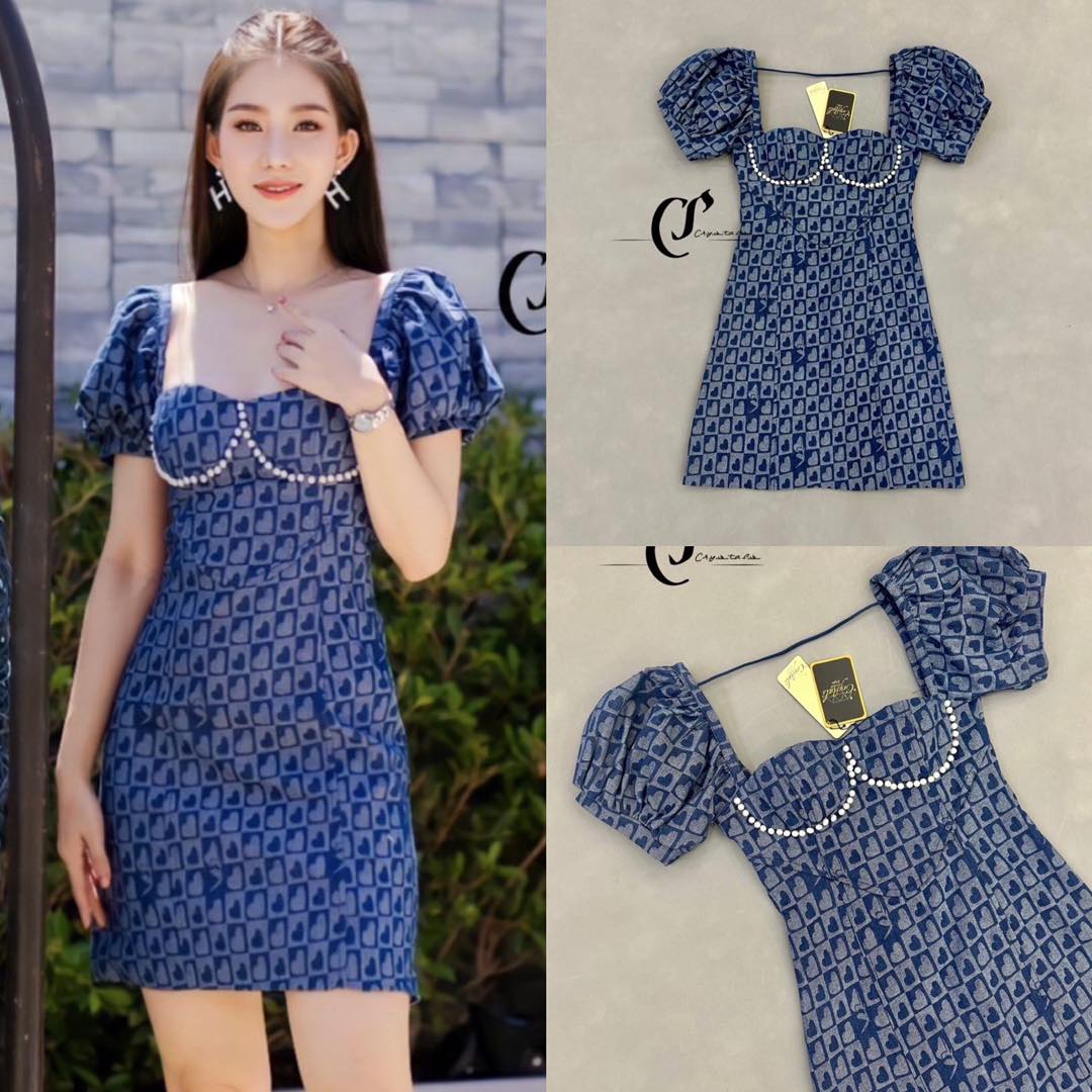 มินิเดรสยีนส์ ทรงสวยงาม สไตล์มินิมอล ทรงคอเหลี่ยมหน้า-หลัง แขนพองตุ้กตา 👍🏻 สินค้าคุณภาพ (พร้อมส่ง)