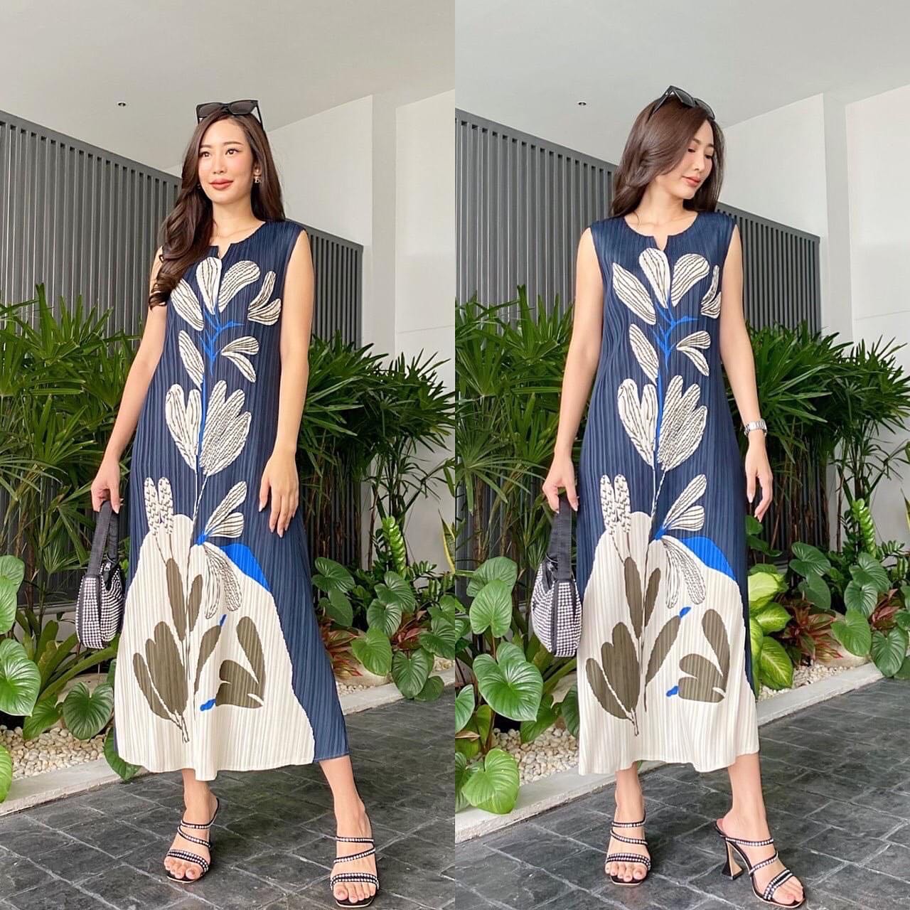แม็กซี่เดรสตัวยาว แพทเทิร์นอัดพลีท เข้าเคิร์ฟ ทรงคอกลม แขนกุด สวย Premium 👍🏻 ดีไซด์ เพ้นท์ลายดอกไม้ สินค้าคุณภาพ (พร้อมส่ง)