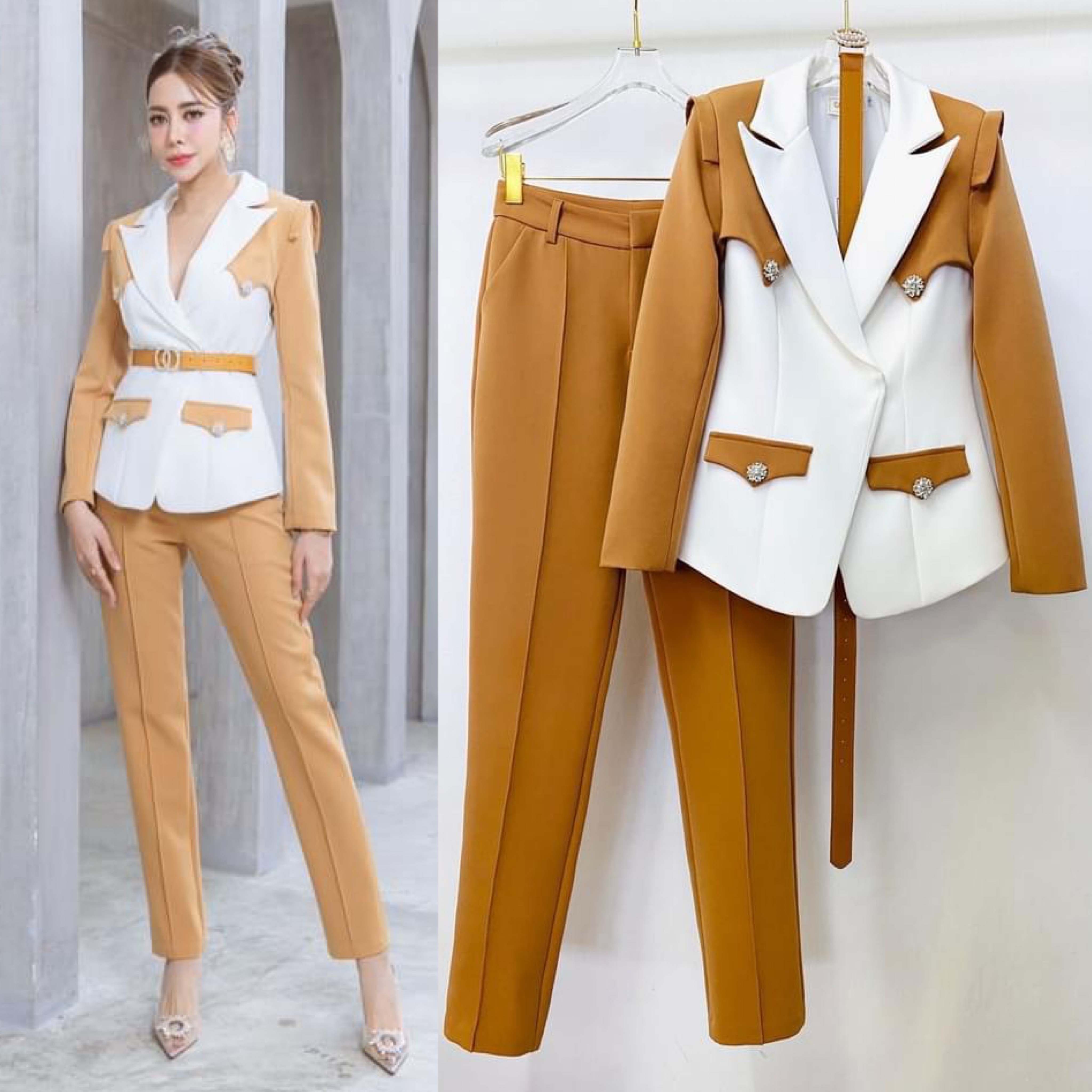 เซต BLAZER ทูโทน เนื้อผ้าเกรดเอ ตัวBLAZER เป็นทรงเข้ารูปแต่งกระดุมสีเงิน มีเข็มขัดช่วยให้ทรงเข้ารูป มาคู่กับกางเกงเอวสูงทรงขากระบอกเล็ก สินค้าคุณภาพ (พร้อมส่ง)