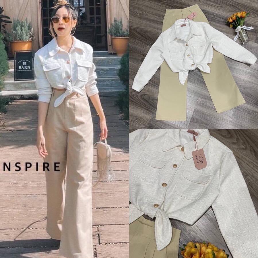 ชุดเซทเสื้อเชิ๊ตครอปสั้น คอปก แขนยาว ทรงปล่อย แต่งกระเป๋าด้านหน้าทั้งสองข้างคู่กับกางเกงขายาว เอวสูง สินค้าคุณภาพ (พร้อมส่ง)