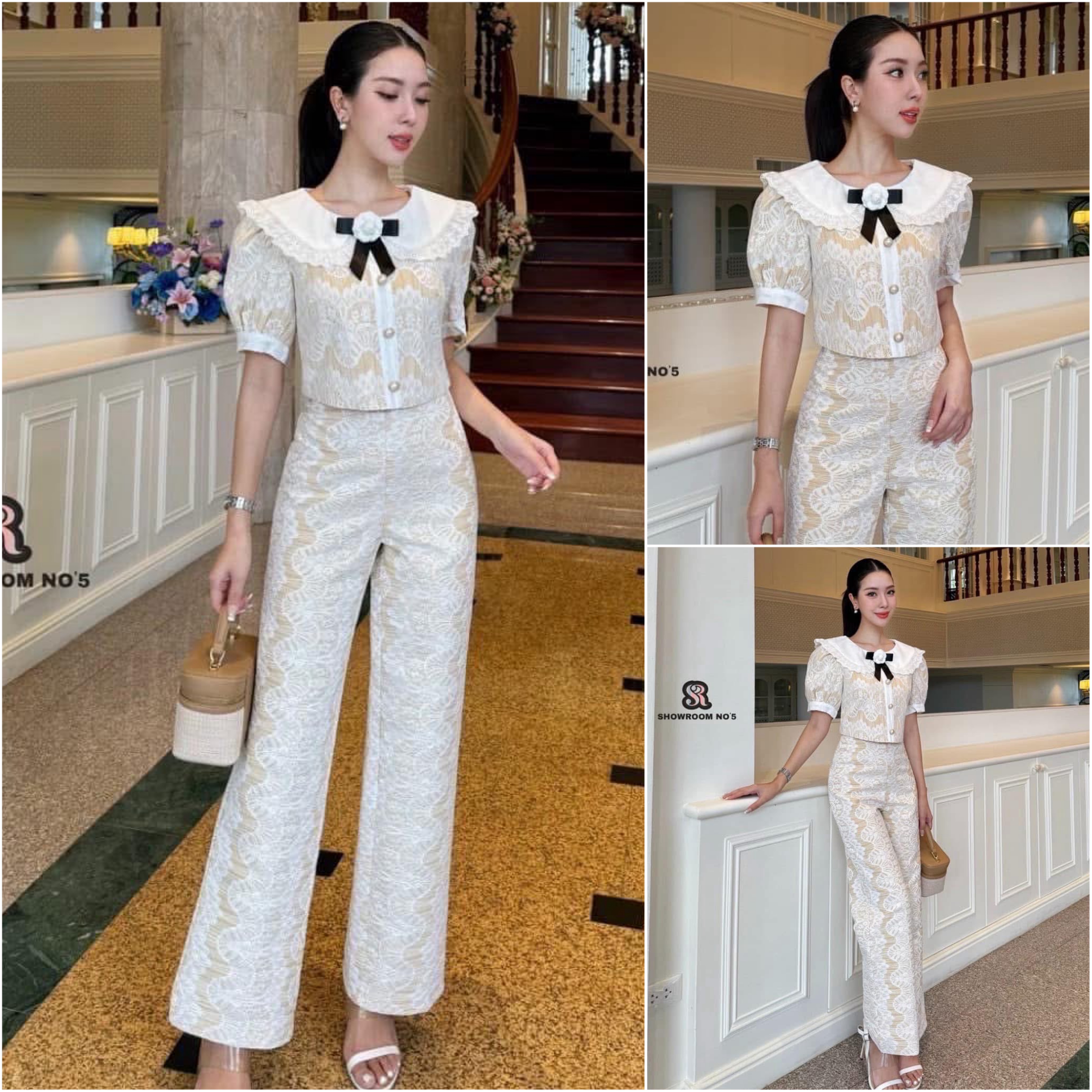 ชุดเซต เสื้อ+กางเกงขายาว+ เข็มกลัดคามิเลีย ใส่สบาย : สินค้าคุณภาพ (พร้อมส่ง)