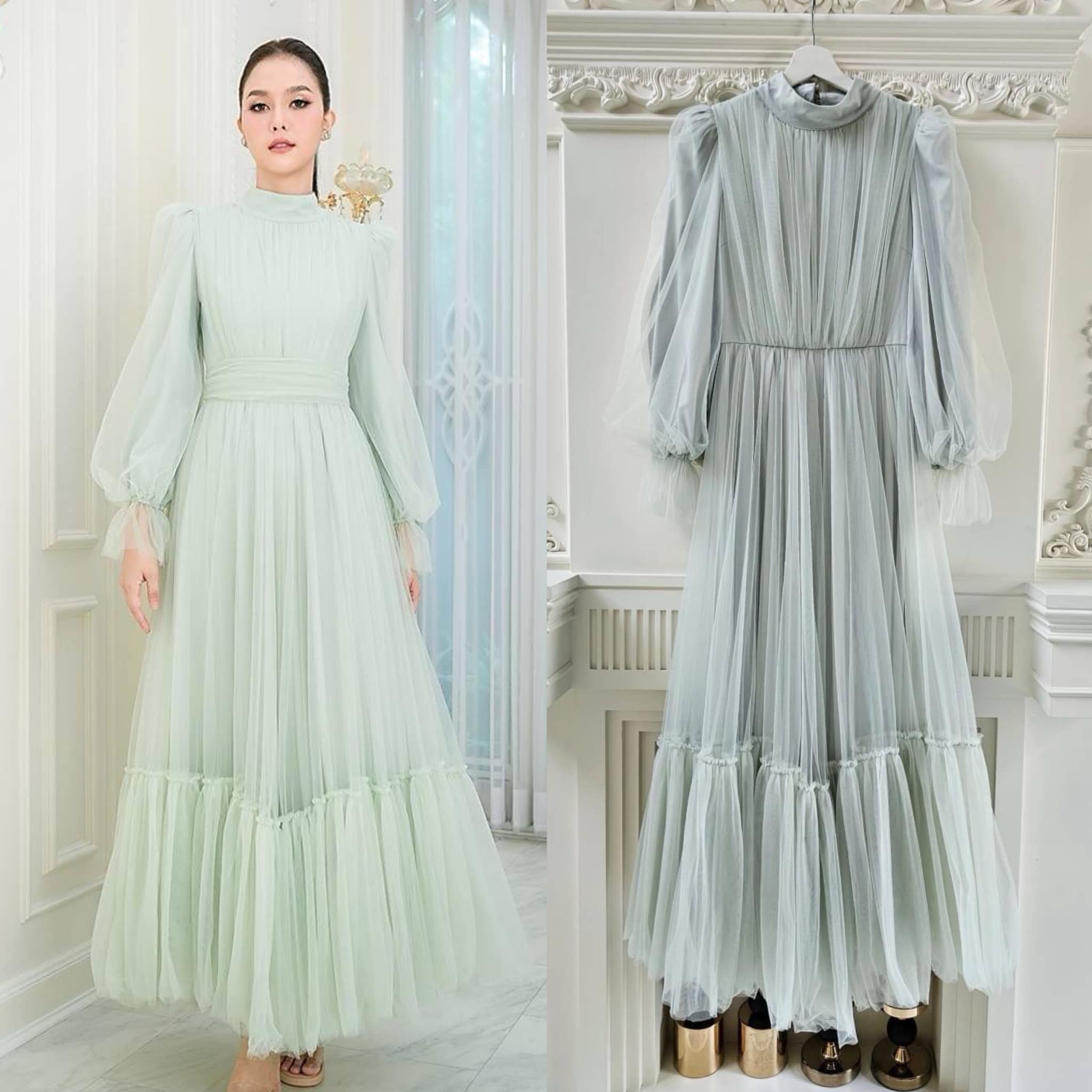 แม็กซี่เดรสเสื้อคอปีนแขนยาว กระโปรงบาน ต่อชายรูดระบายรอบตัว มีโบว์ผูกเอว คัตติ้ง ประณีต ใส่สบาย สินค้าคุณภาพ (พร้อมส่ง)