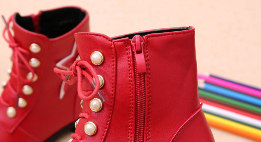 รองเท้าบู๊ทเด็ก สีแดง/สีดำ ลายดาวสวยเท่ มีซิปข้าง Size 27-38