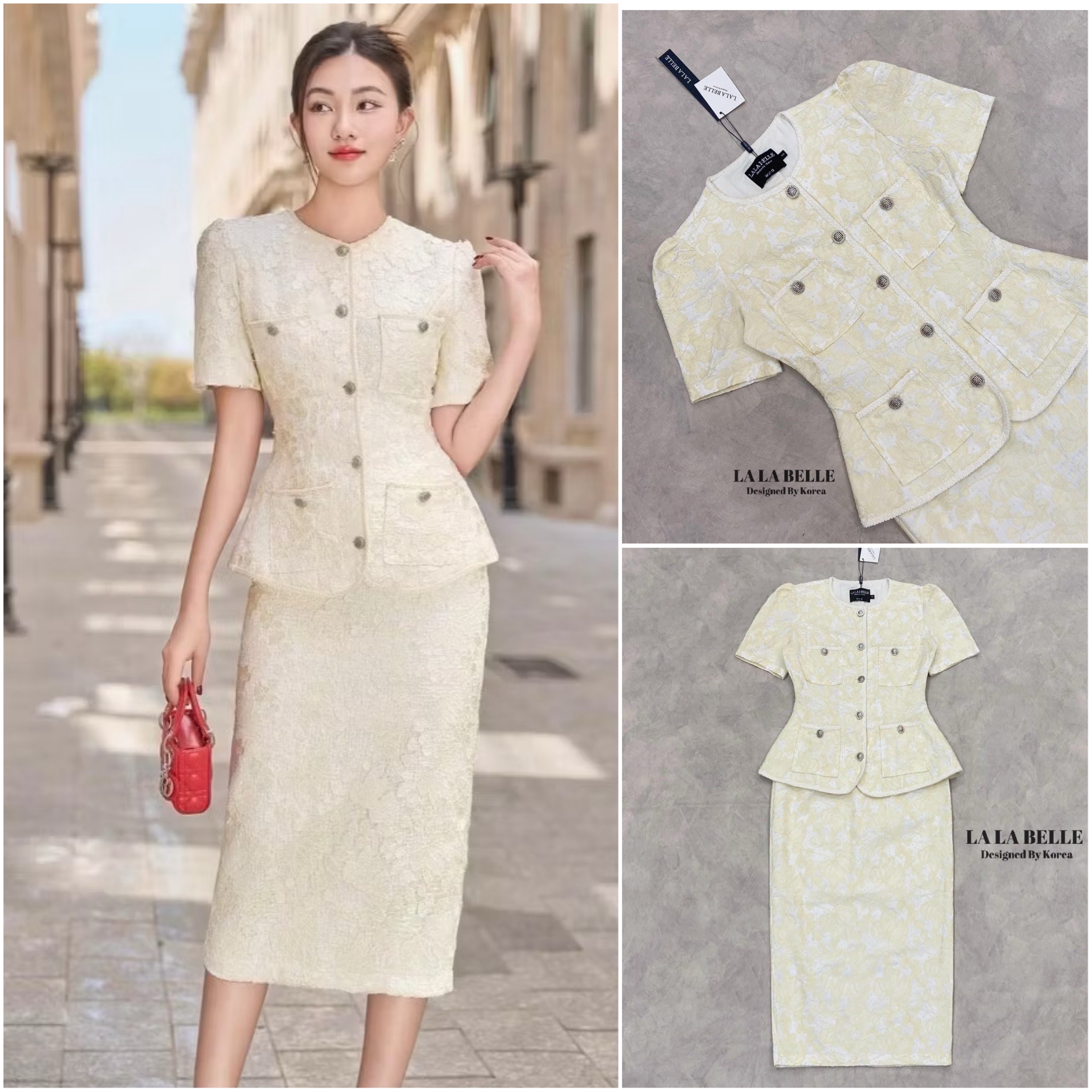 เซต2ชิ้น ลูกไม้ลายดอกไม้สีครีมอัดกาว อย่างดีทรงเสื้อคอกรมแขนสั้นกระดุมหน้ายาวแต่ง กระเป๋าหน้าอก +กระโปรงทรงสอบ ใส่สบาย : สินค้าคุณภาพ (พร้อมส่ง)