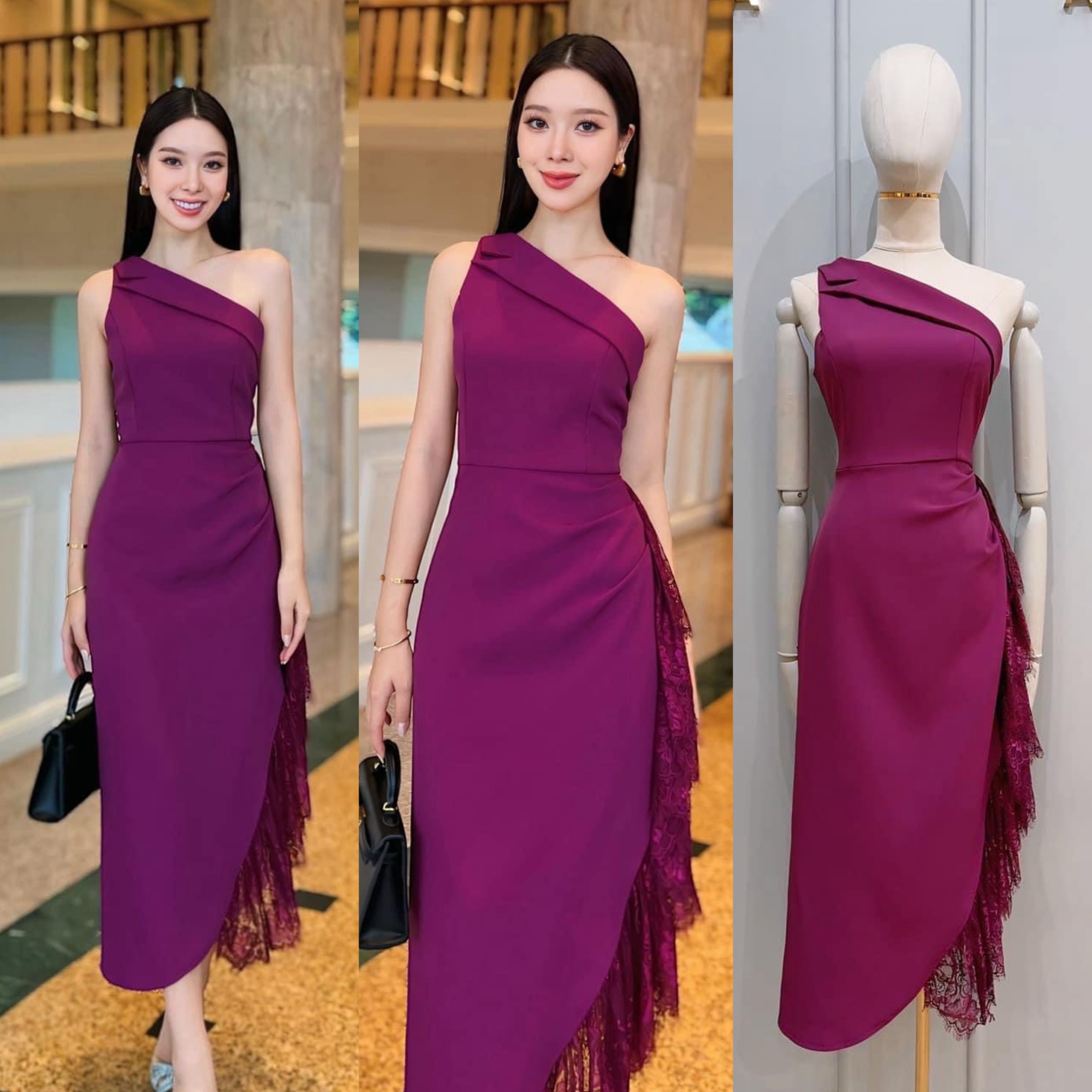 เดรสดีไซน์ไหล่เฉียง ช ตัวเดรส ใช้เนื้อผ้าเกรดพรีเมี่ยมทั้งตัว ดีไซน์กระโปรงทรง สอบตกแต่งระบายด้วยผ้าลูกไม้ไล่ระดับด้านข้าง งานมีซับใน ซิปหลัง ใส่สบาย : สินค้าคุณภาพ (พร้อมส่ง)