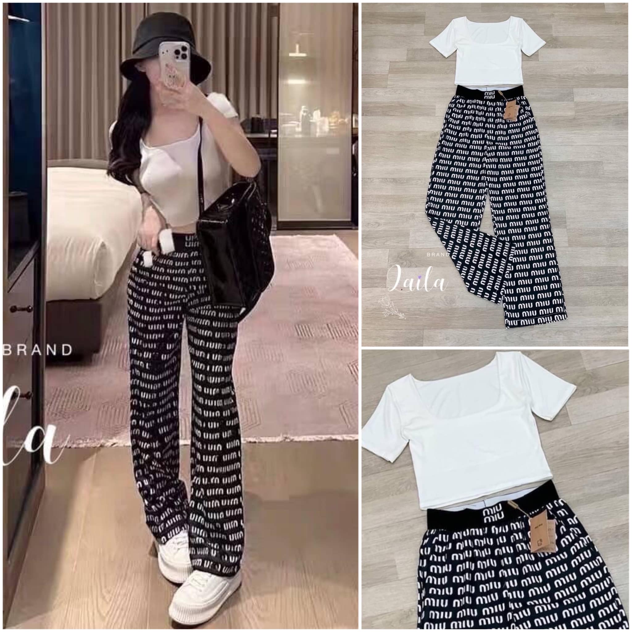 เซ็ท2ชิ้นเสื้อ+กางเกง เสื้อทรงครอป ทรงสวย พร้อมกางเกงทรงขาปล่อย แต่งขอบ เอวอักษร MM ทั้งตัว งานป้าย สินค้าคุณภาพ (พร้อมส่ง)