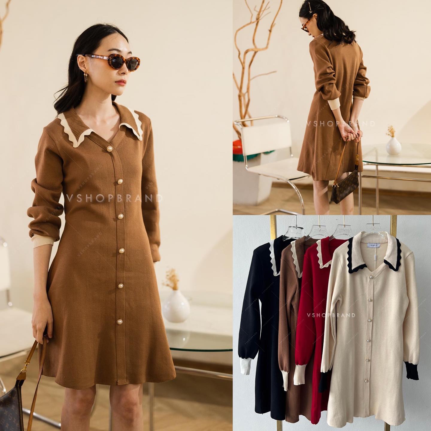 เดรสไหมพรมคอปกหยักขลิบขอบ แขนพอง สินค้าคุณภาพ (พร้อมส่ง)