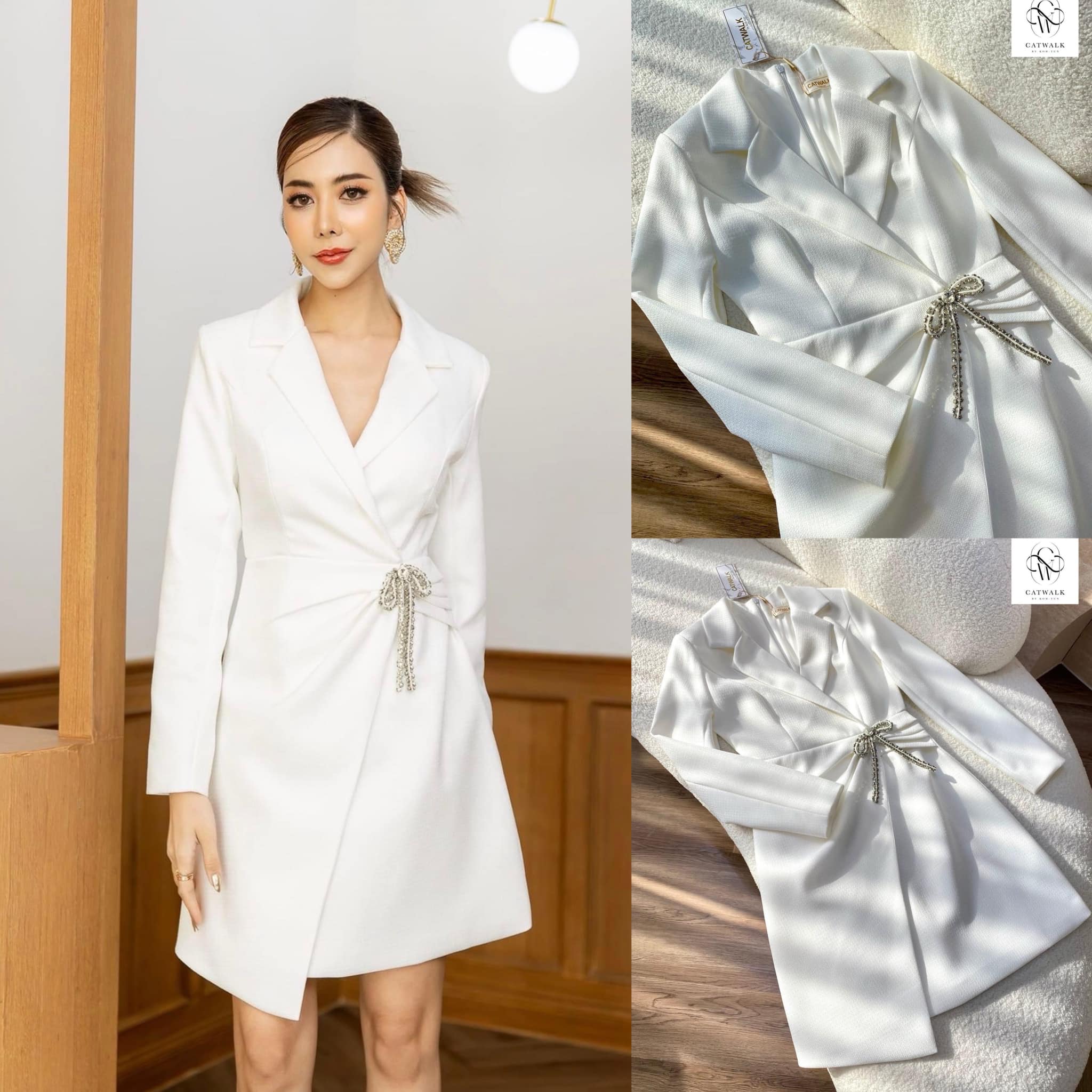 เดรสปก เทเล่อร์แต้งโบว์เพชร เนื้อผ้าเกรดเอมีลายทอในตัว ตัวชุดเป็นปกเทเล่อร์ทรงเข้ารูป กระโปรงเป็นทรงเอ ใส่สบาย สินค้าคุณภาพ (พร้อมส่ง)