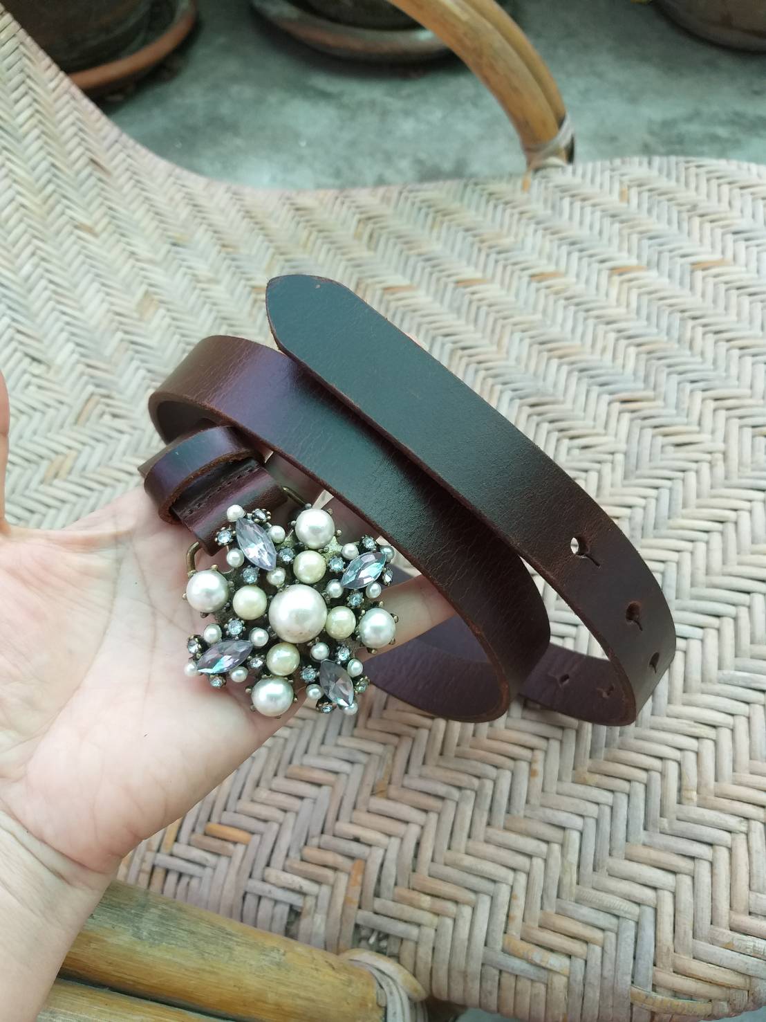 เข็มขัดหนังแท้ shuca global work หัวโลหะแต่งมุก สุดเกร๋