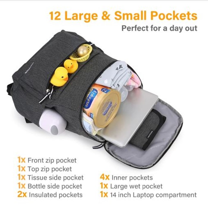 mommore กระเป๋าคุณแม่ กระเป๋าสัมภาระคุณแม่ กระเป๋าแม่ลูกอ่อน กันน้ำ พร้อมแผ่นรองเปลี่ยนผ้าอ้อม จุมาก น้ำหนักเบา เหมาะสำหรับเดินทาง (Dark Grey)