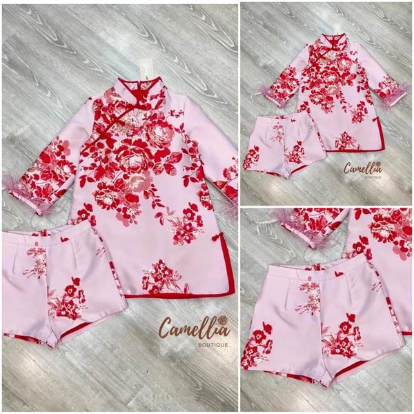 ชุดSet กี่เพ้า เสื้อคอจีนแขนยาว 3 ส่วนแต่งขน ที่ปลายแขน + กางเกงขาสั้น ผ้าทอลายทั้งชุด ใส่สบาย สินค้าคุณภาพ (พร้อมส่ง)