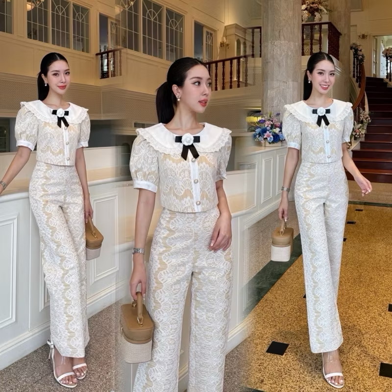 ชุดเซต เสื้อ+กางเกงขายาว+ เข็มกลัดคามิเลีย ใส่สบาย : สินค้าคุณภาพ (พร้อมส่ง)