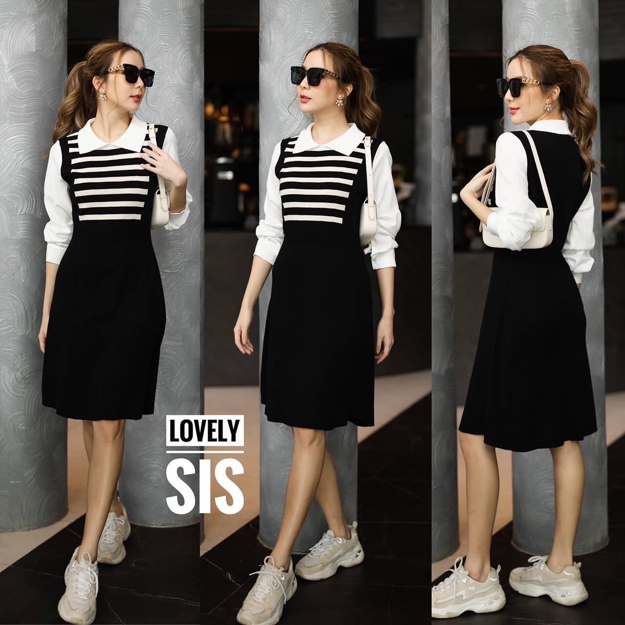 เดรสไหมพรมแต่งคอปกและแขน ด้วยผ้าลื่นพริ้ว งานใส่ออกมาทรงสวย สินค้าคุณภาพ (พร้อมส่ง)