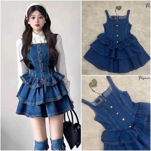 เดรสสายเดี่ยวยีนส์ตัวสั้นแต่ง ระบายสั้น สินค้าคุณภาพ (พร้อมส่ง)