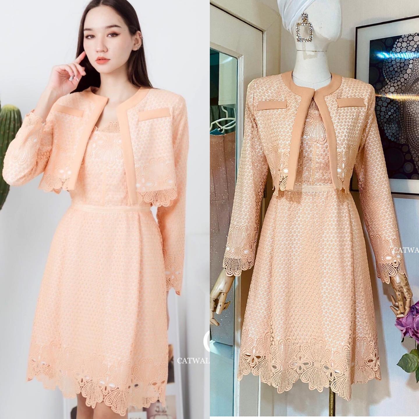 เซตเดรสลูกไม้+เสื้อคลุมผ้าลูกไม้ รุ่นนี้การันตีเลยเนื้อผ้าดีมาก ผ้าลูกไม้ทอลายเกรดเอ สินค้าคุณภาพ (พร้อมส่ง)