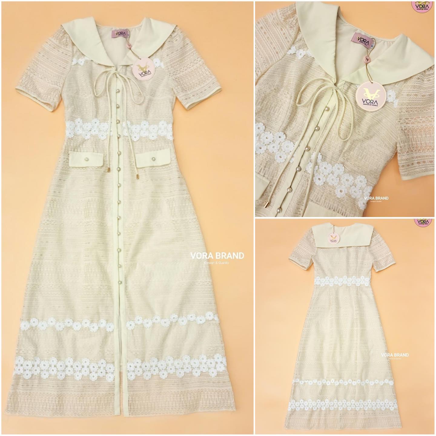 Dress ยาว แขนสั้น แต่งปกกะลาสี ผูกโบว์ด้านหน้า ติดกระดุมเรียงด้านหน้า แต่งกระเป๋าด้านหน้า เนื้อผ้า ลูกไม้เนื้อดีมีน้ำหนักเป็นทรง มีซับทั้งชุดค่า สินค้าคุณภาพ (พร้อมส่ง)