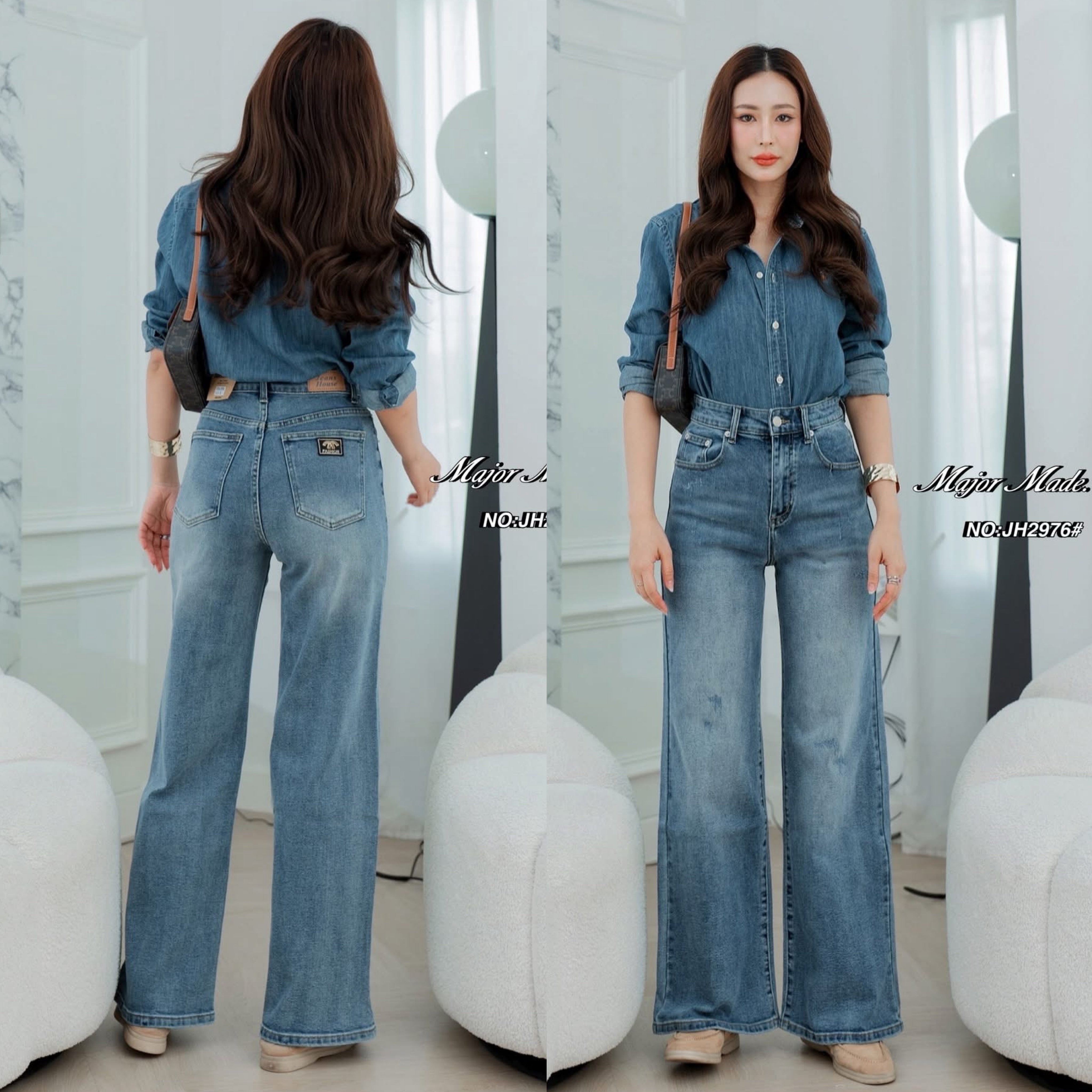 กางเกงยีนส์ขากระบอกรุ่นใหม่ ทรงเอวสูงงงง(ผ้ายืดคะ)งานสวยจริงๆ ปลายขากว้างสวย ดีเทลตรงกระเป๋าข้างหลัง โลโก้สวย ใส่สบาย : สินค้าคุณภาพ (พร้อมส่ง)