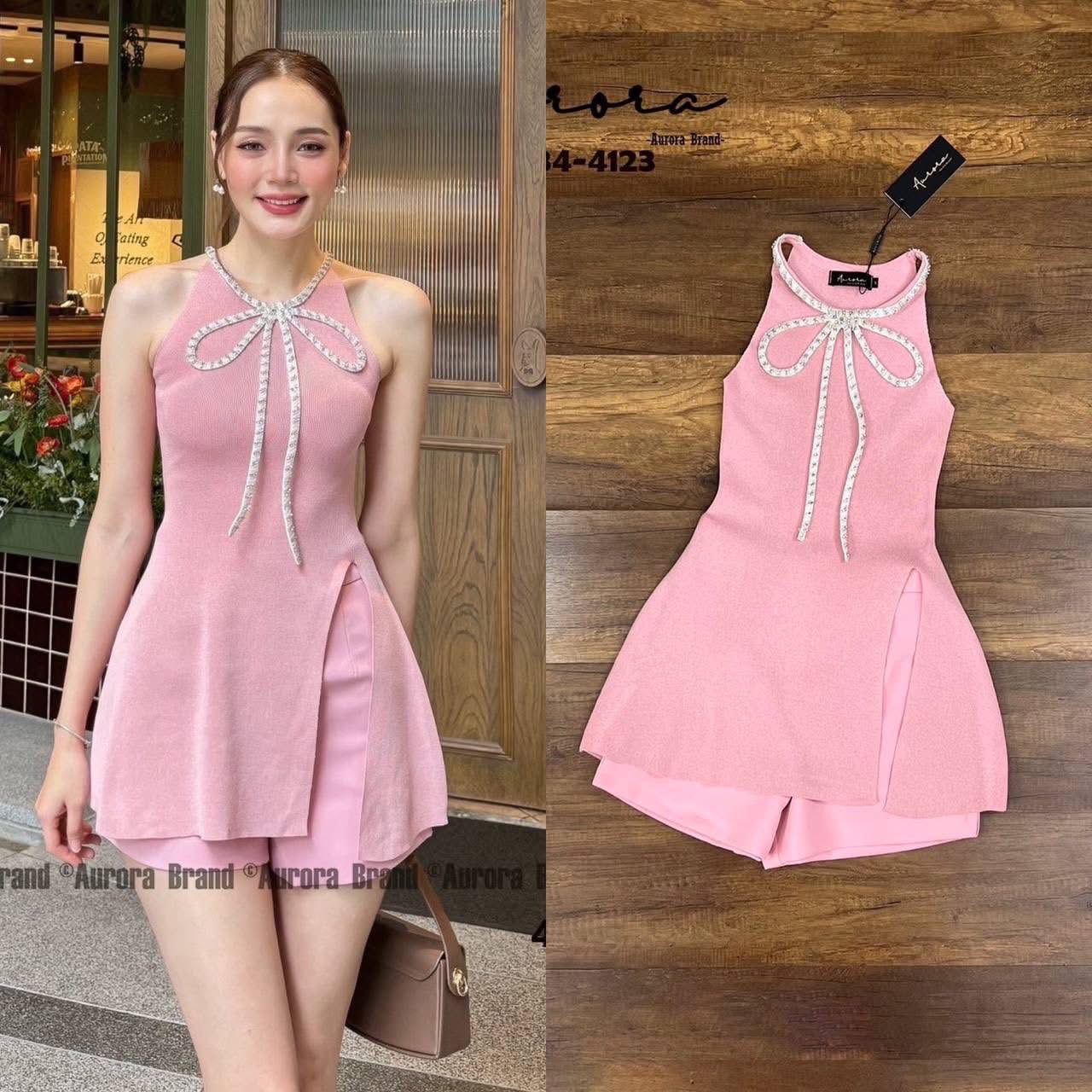 Set เสื้อนิตติ้งสีสันหวานสดใส แต่งอะไหล่สวยหรูฝุดๆ (เสื้อทรงสวม)+กางเกงขาสั้น ใส่สบาย : สินค้าคุณภาพ (พร้อมส่ง)