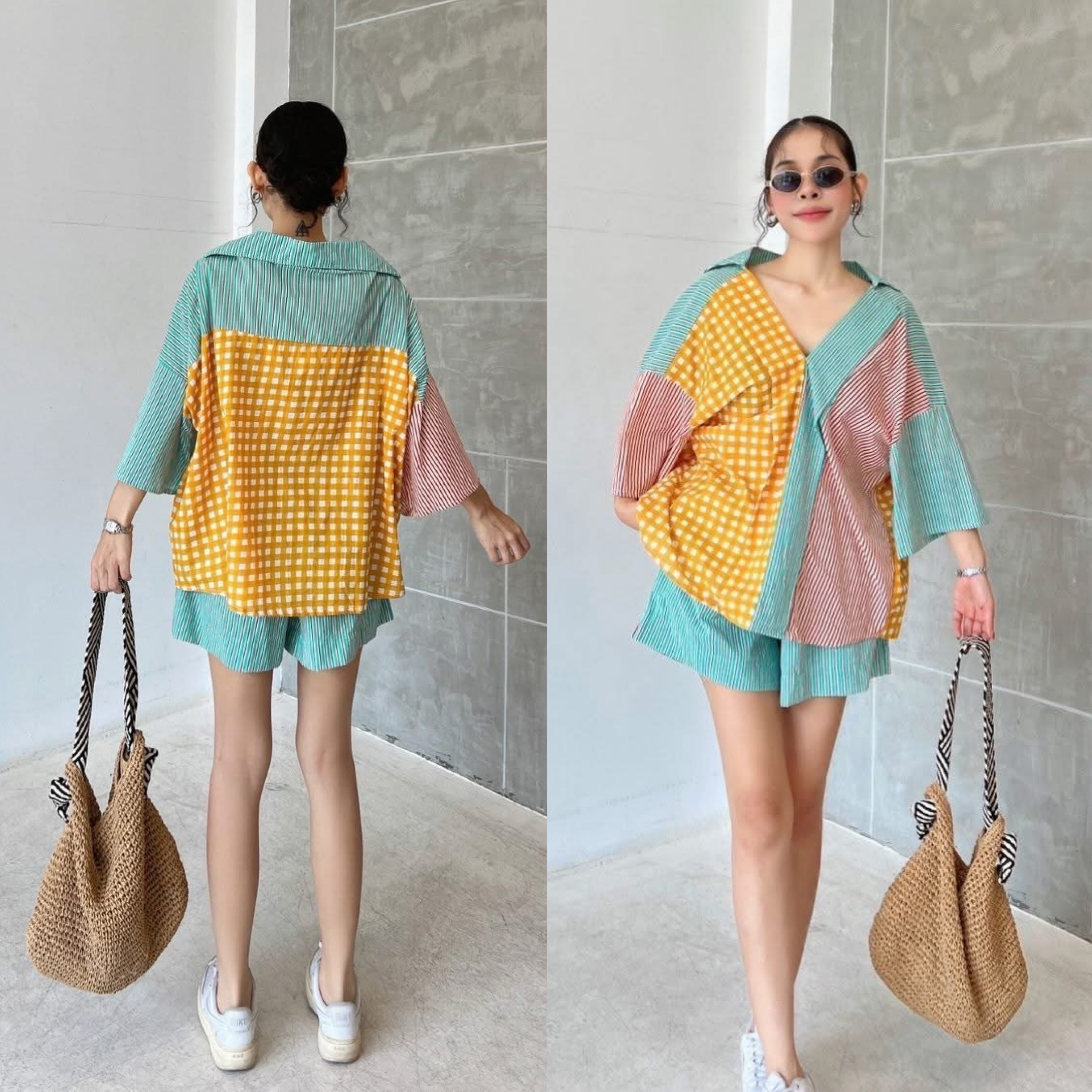 ชุดเซ็ท เสื้อผ้าคอทตอลอินเดีย ดีไซน์ทรงoversize คอวีหน้า ปกหลัง แต่งสาบหน้า ตัดต่อสี กางเกงเอวสม็อค มีกระเป๋าล้วง งานเก๋มีสไตล์ ใส่สบาย : สินค้าคุณภาพ (พร้อมส่ง)