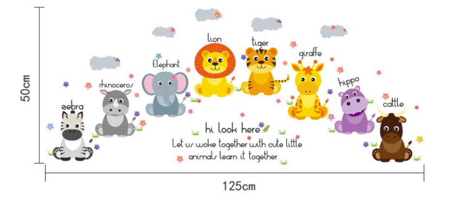 สติ๊กเกอร์แต่งห้อง DIY ลายเพื่อนสัตว์น้อยเรียนรู้ Together Learning Animals ลอกออกแล้วติดซ้ำได้