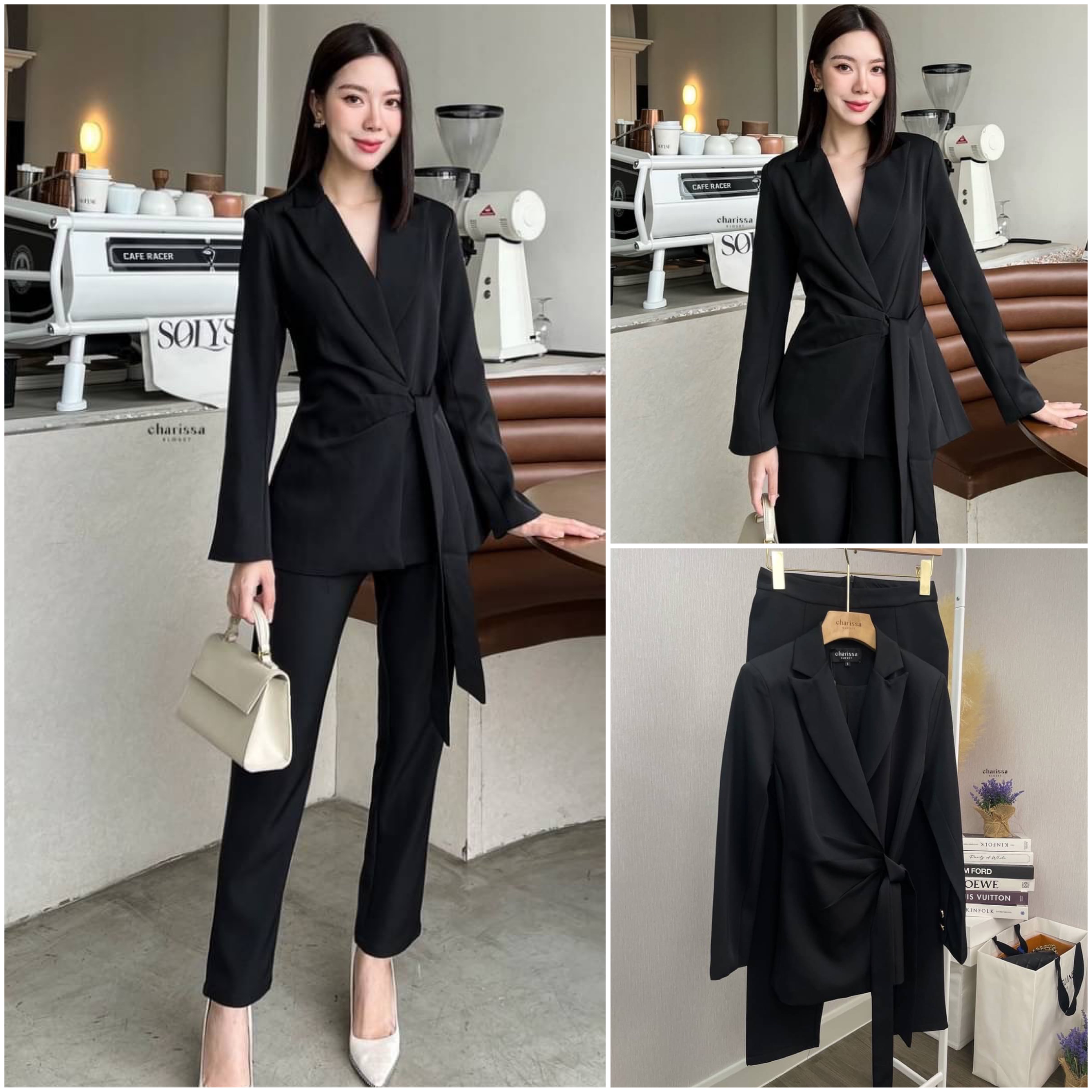 Set suit 2 ชิ้น เสื้อสูททรงยาวเข้ารูป มีเสริมบ่าบางๆ กับสายผูกเอวเย็บติดด้านหน้า พร้อมกางเกงเป็นทรง9 ส่วน สินค้าคุณภาพ (พร้อมส่ง)