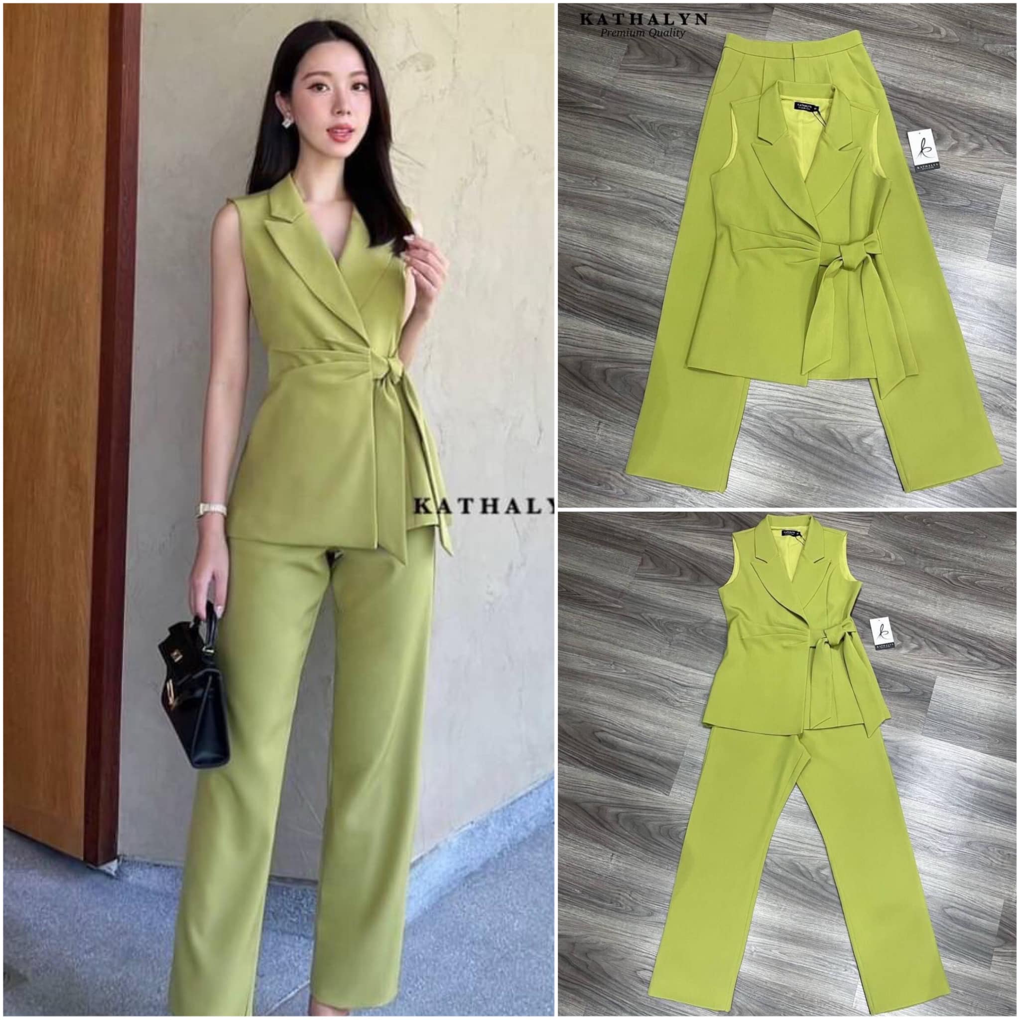 เชต 2ชิ้น เสื้อแขนกุด คอปกทรงสูททรงพอดีตัว ใส่กำลังสวยสีสวยขับผิว ช่วงเอวด้านซ้ายแต่ง โบว์ผูกเก๋ๆ +กางเกงขายาวทรงสวย ใส่สบาย สินค้าคุณภาพ (พร้อมส่ง)