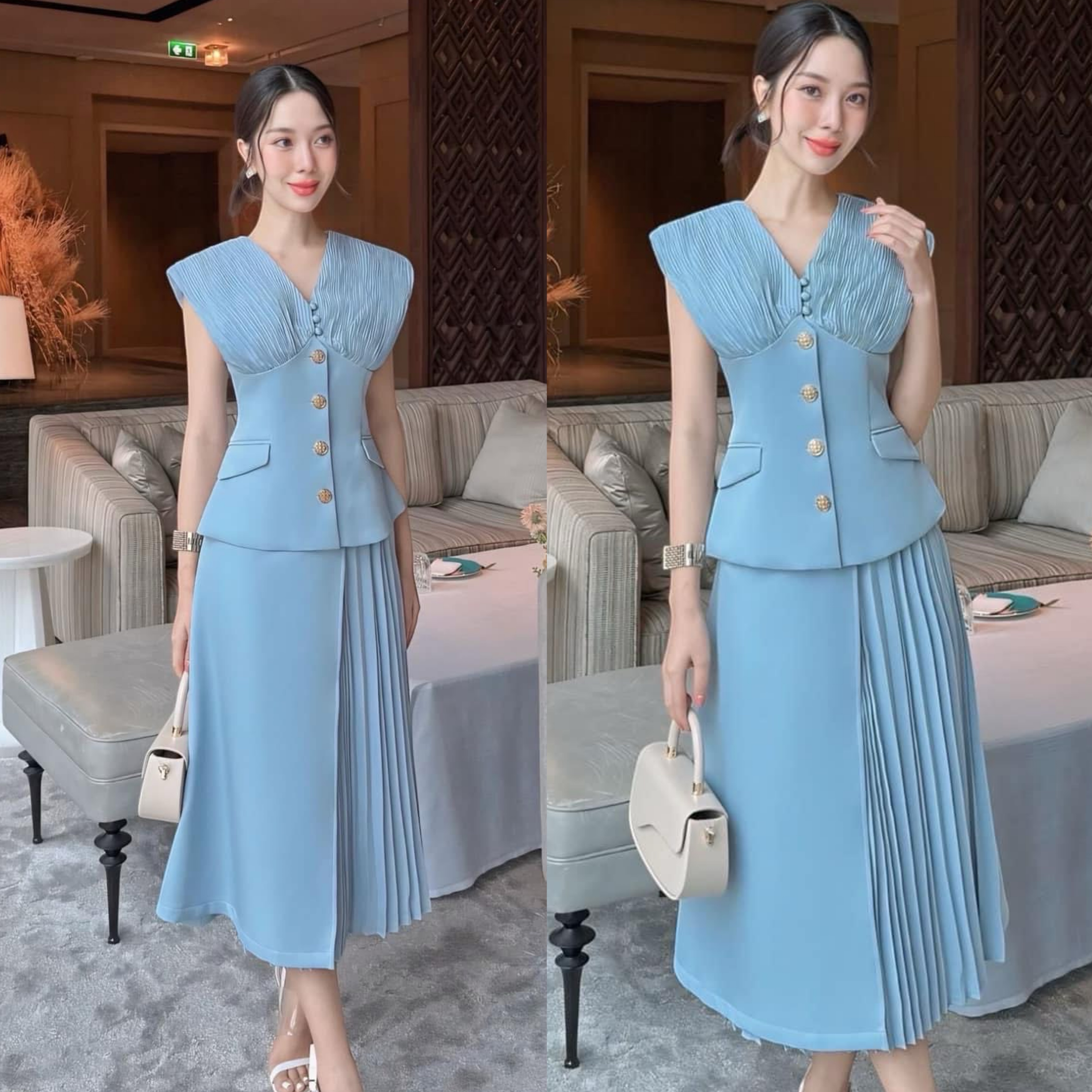 Set เสื้อคอวี +กระโปรงทรงเอ ตัดต่ออัดพลีท ใส่สบาย : สินค้าคุณภาพ (พร้อมส่ง)