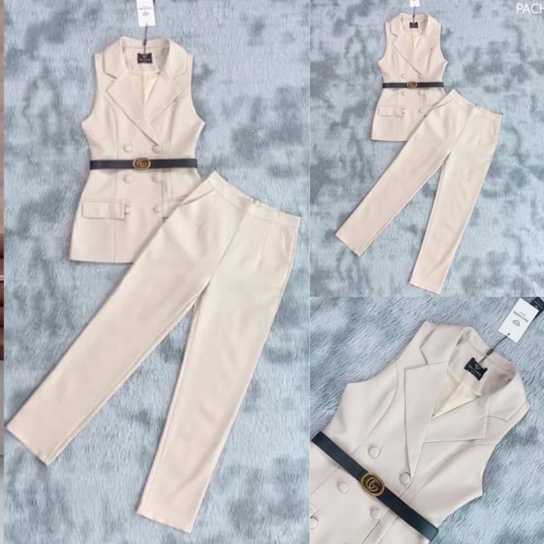 เซ็ต 3 ชิ้น เสื้อคอปกแขนกุดสีครีม แต่งกระเป๋าสองข้าง คู่กับกางเกงขายาวเอวสูง พร้อมเข็มขัด สินค้าคุณภาพ (พร้อมส่ง)