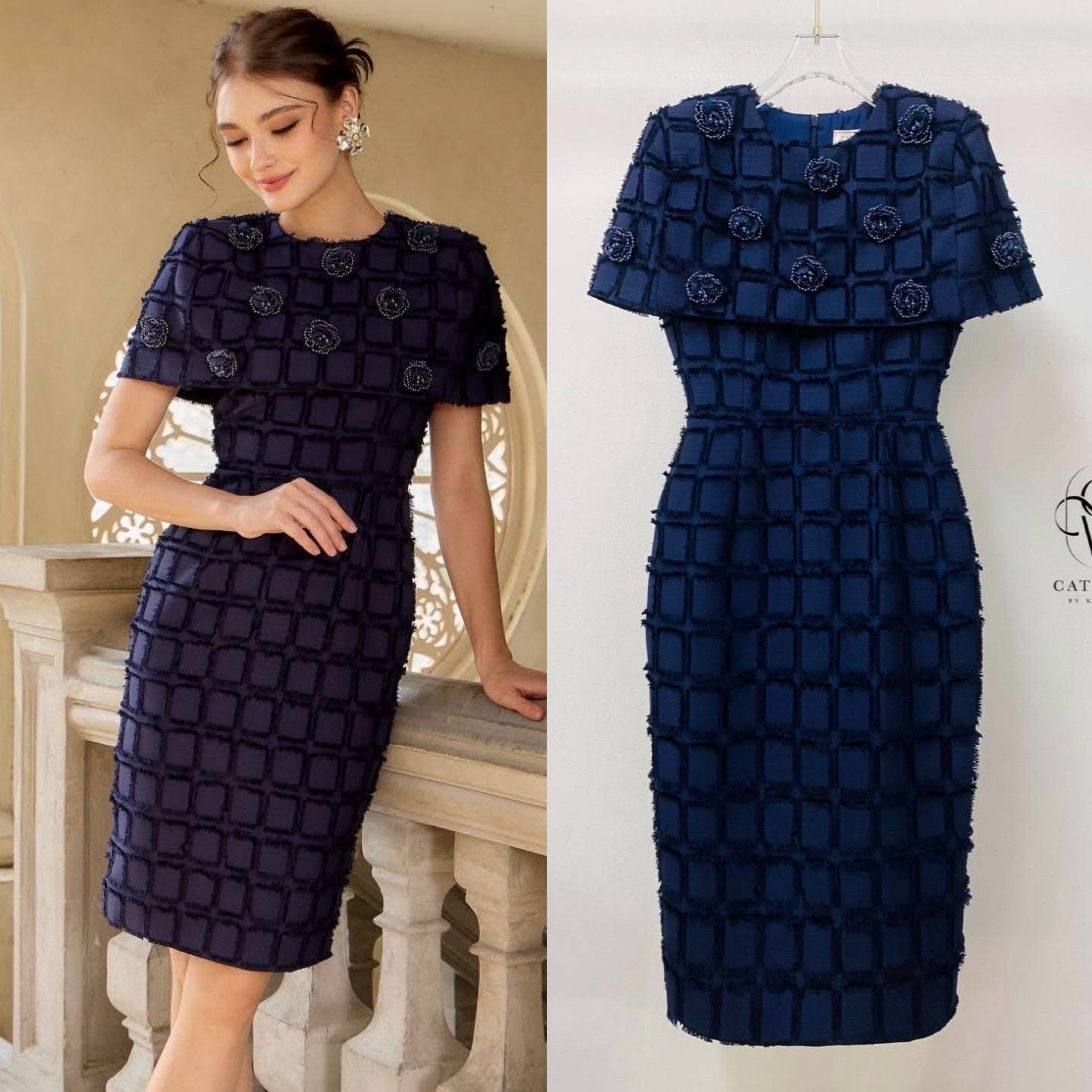 เดรสผ้าทอคลุมไหล่แต่ดอกไม้ เนื้อผ้าทอลายตารางเกรดเอ เนื้อนุ่มใส่สบาย ตัวชุดเป็นทรงเข้ารูป ใส่สบาย : สินค้าคุณภาพ (พร้อมส่ง)