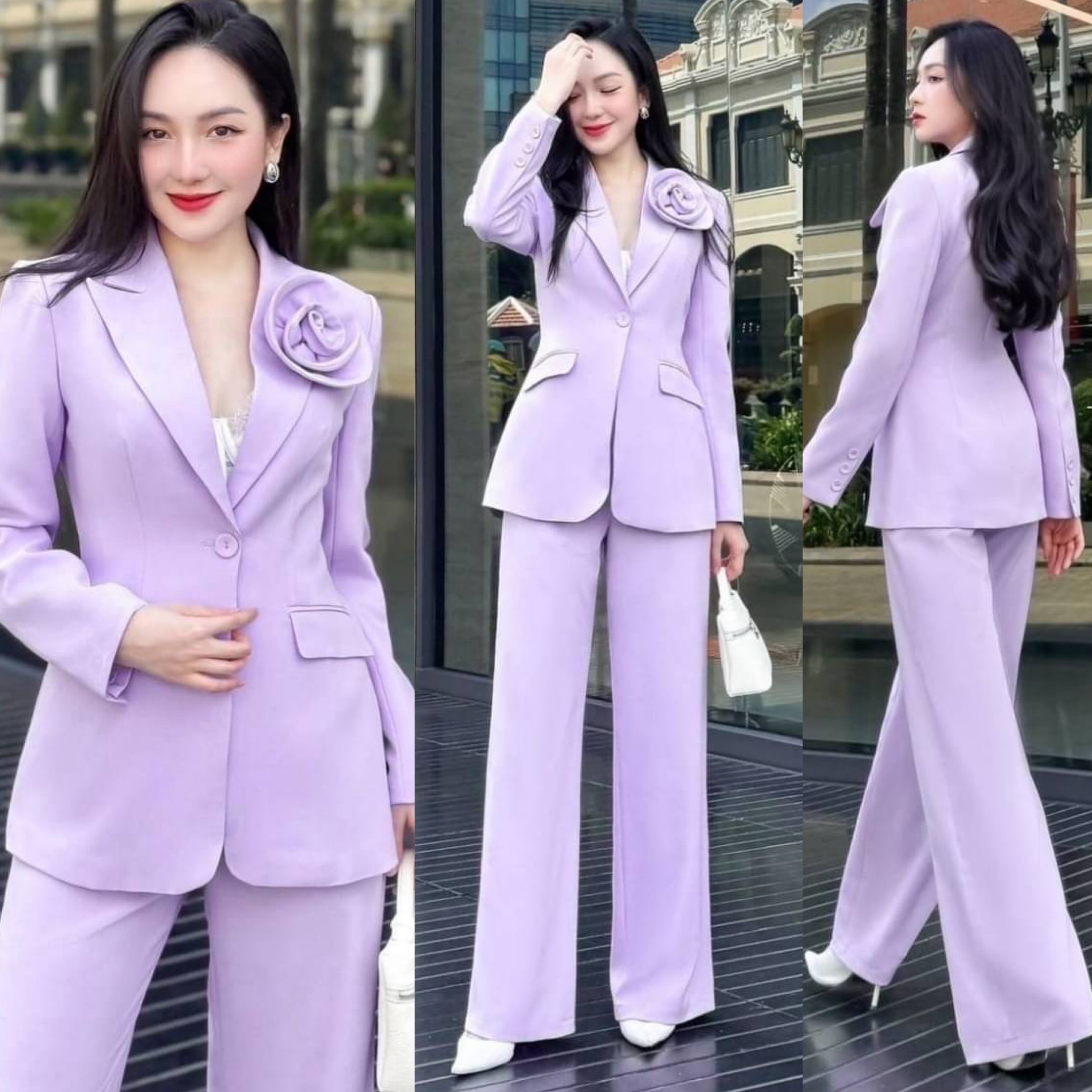 Setสูท 2 ชิ้น สีม่วงขายาวสุดฮิต ฮอตมาก เก๋สุด ผ้าดีชุดนี้คือปังเว่อร์ ทรงบอย ดีไซน์ทรงoversize ใส่สบาย : สินค้าคุณภาพ (พร้อมส่ง)