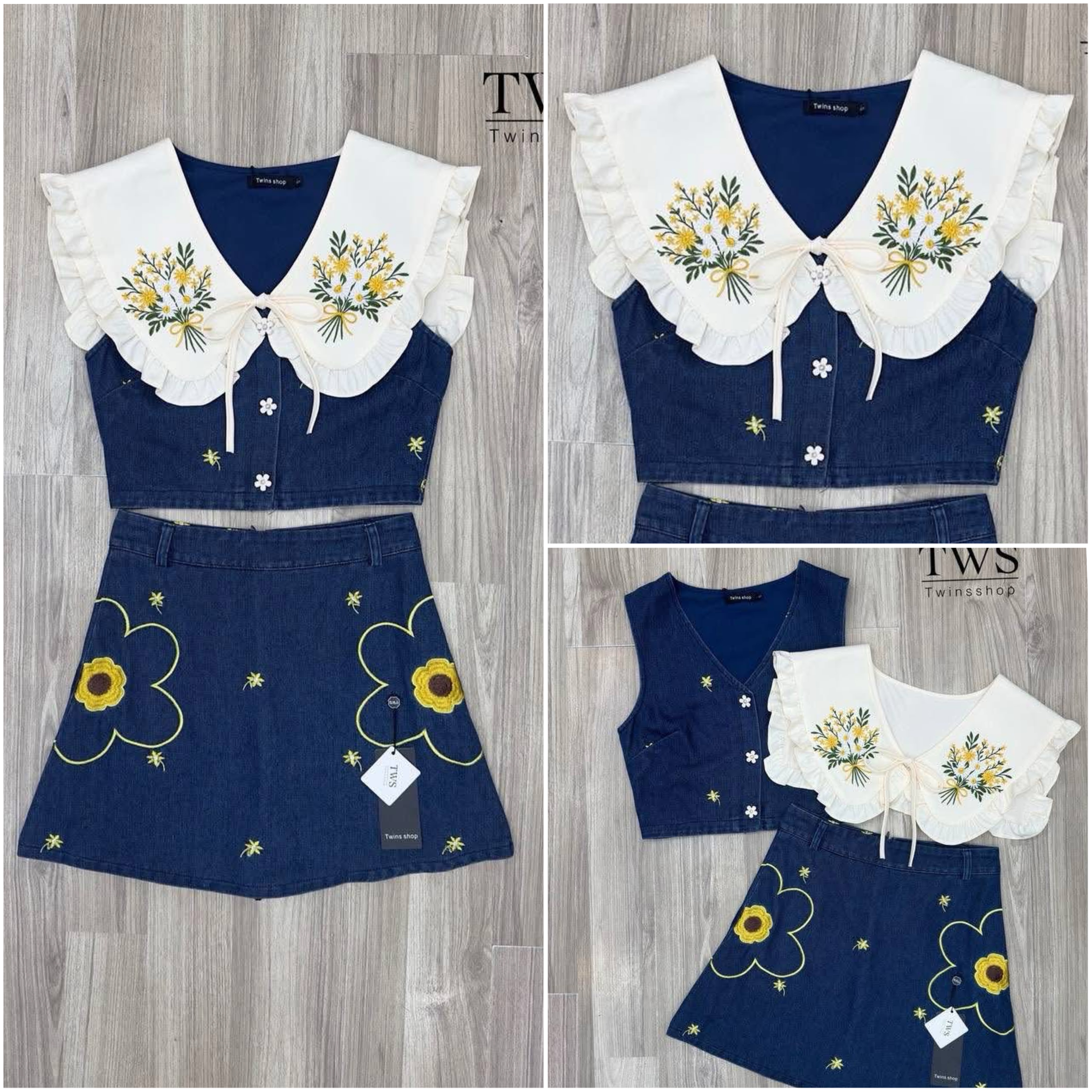Set.3ชิ้น เสื้อครอปยีนส์กรัดุมหน้าแต่งปักลาย แมตช์มาพร้อมกระโปรงทรงเอเย็บซับในกางเกง แต่งตัดดอกไม้ ใส่สบาย : สินค้าคุณภาพ (พร้อมส่ง)