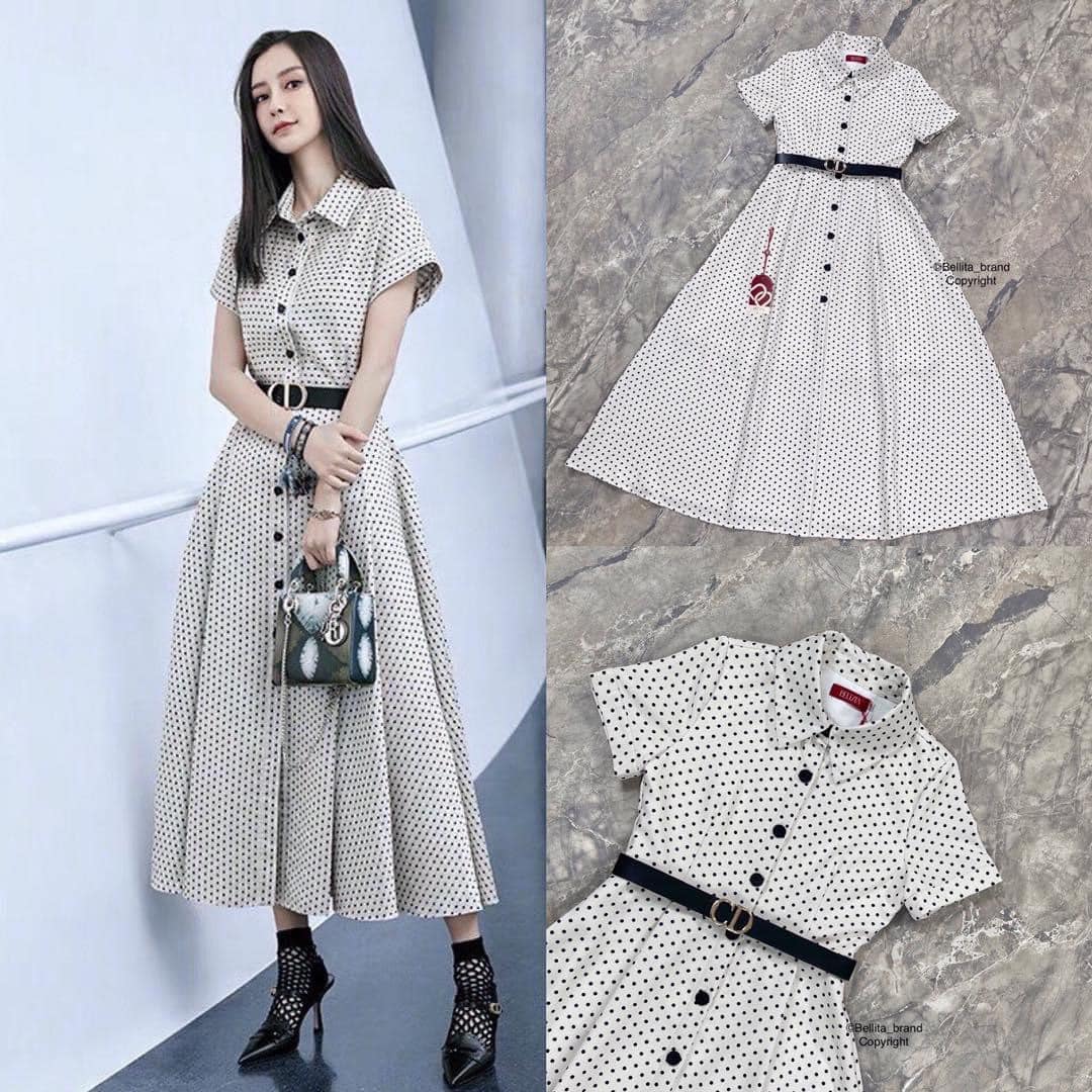 เดรสยาวลาย Polka dot เดรสยาวมีคอปกแขนสั้นทรงตรง กระดุม สีดำด้านหน้า เอวมีเข็มขัดสีดำ แพทเทิร์น ชุดยาวกระโปรงบานทรงสวย Casual wear สุดๆ สินค้าคุณภาพ (พร้อมส่ง)
