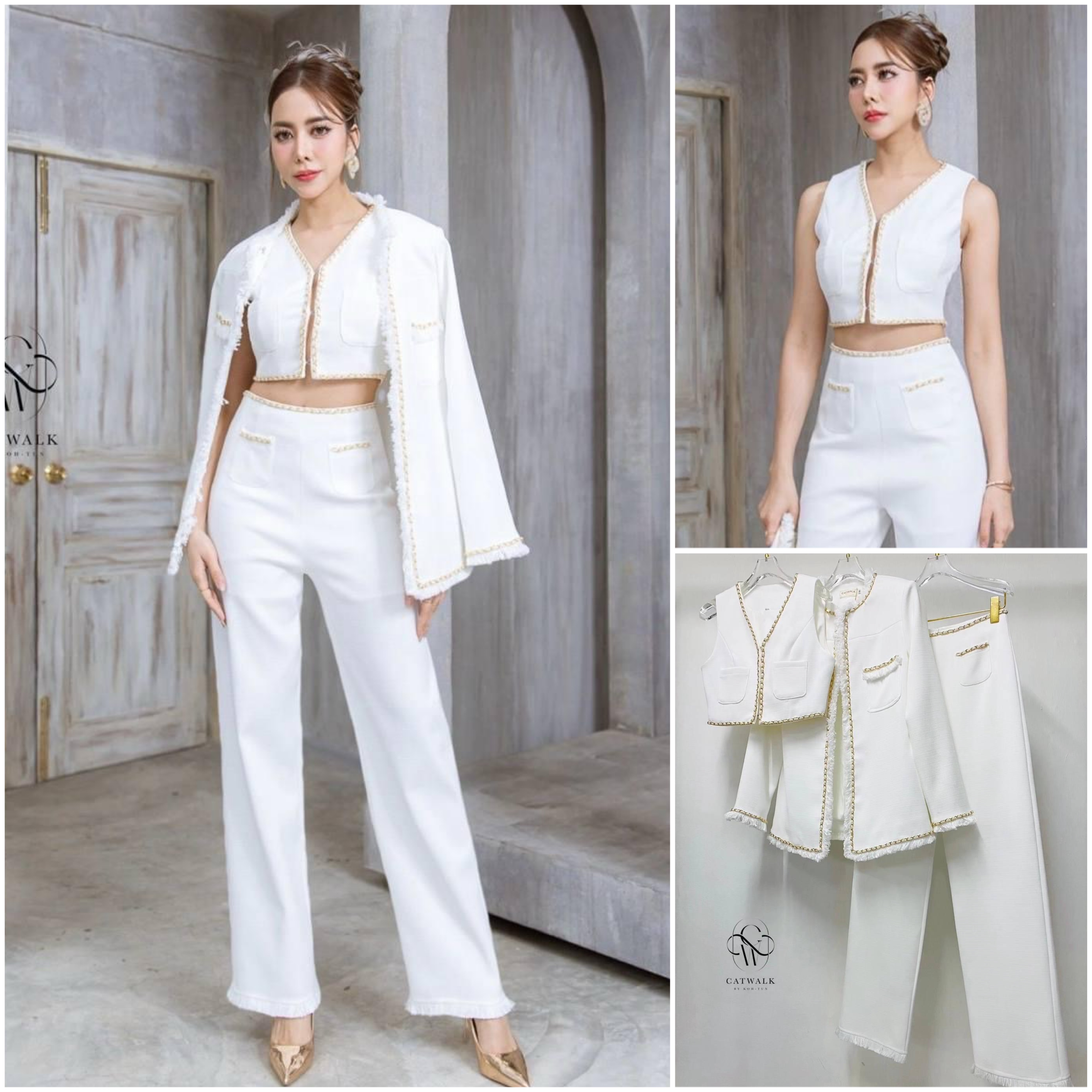 เซต 3 ชิ้น ผ้าทวิตเกรดA แต่งโซ่ทอง ตัวเสื้อกั๊กด้านในเป็นครอปคอวีแขนกุด แต่งขอบด้วยโซ่ทองร้อยริบบิ้นกำมะหยี่สี+เสื้อคลุมทรงกึ่งเข้ารูป+กางเกงเอวสูงทรงขากระบอก สินค้าคุณภาพ (พร้อมส่ง)