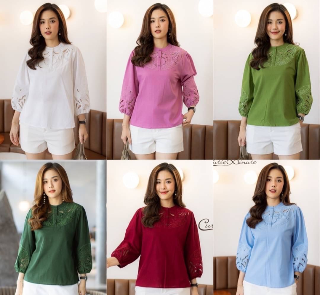 เสื้อลินิน ปักเจาะฉลุ ขอบแขนใส่ยางยืดยืด ได้เยอะค่ะ ใส่สบาย : สินค้าคุณภาพ (พร้อมส่ง)