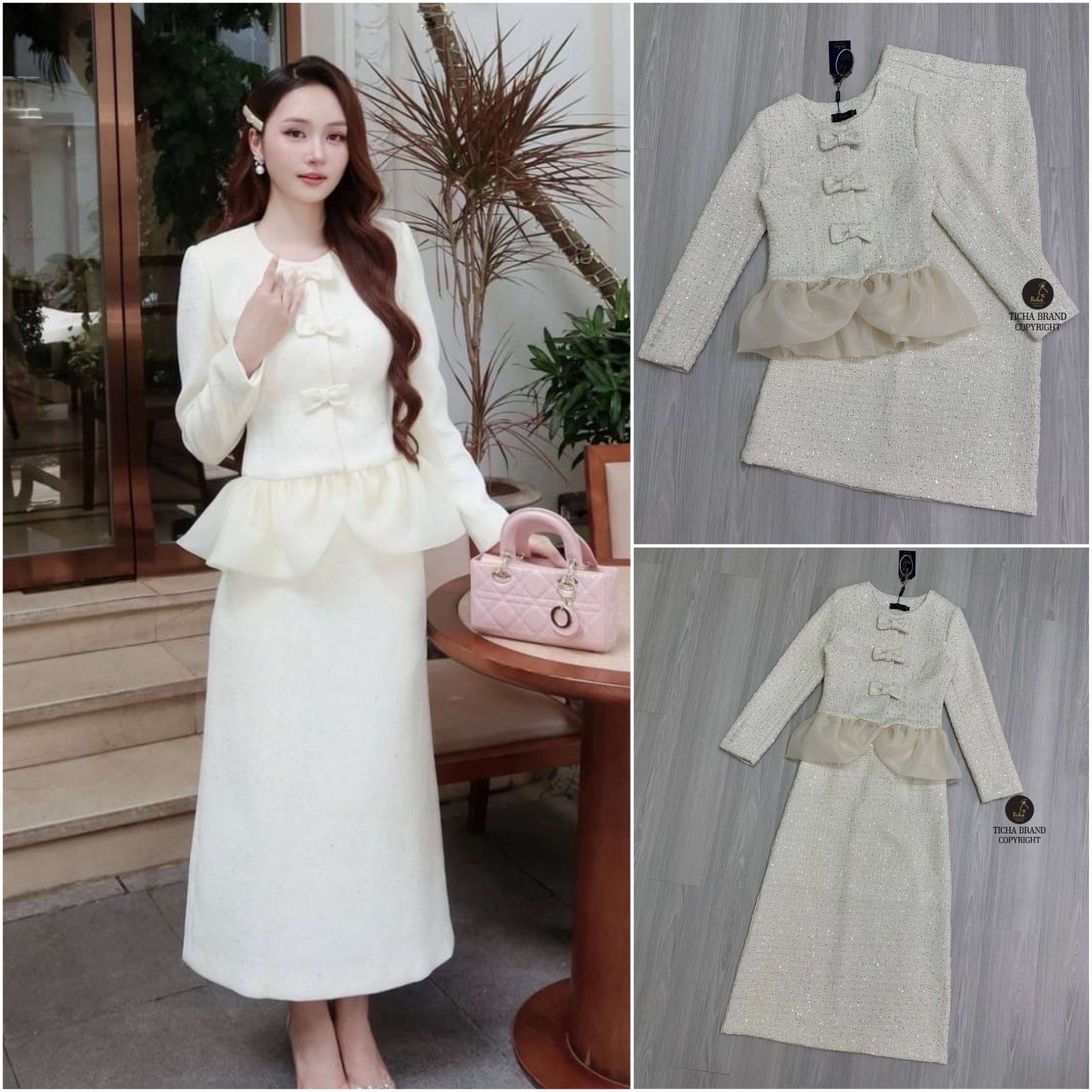 Set 2 ชิ้นสีครีมผ้าทอทวีตผสมกริสเตอร์เงิน ตัวเสื้อแขนยาวคอกลม ดีไซน์แต่งโบว์เล็กด้านหน้า ด้านในเป็นกระดุมแป๊ก ชายเสื้อแต่งระบายผ้าแก้วพอง มาพร้อมกับกระโปรงยาวทรงสอบ ใส่สบาย : สินค้าคุณภาพ (พร้อมส่ง)