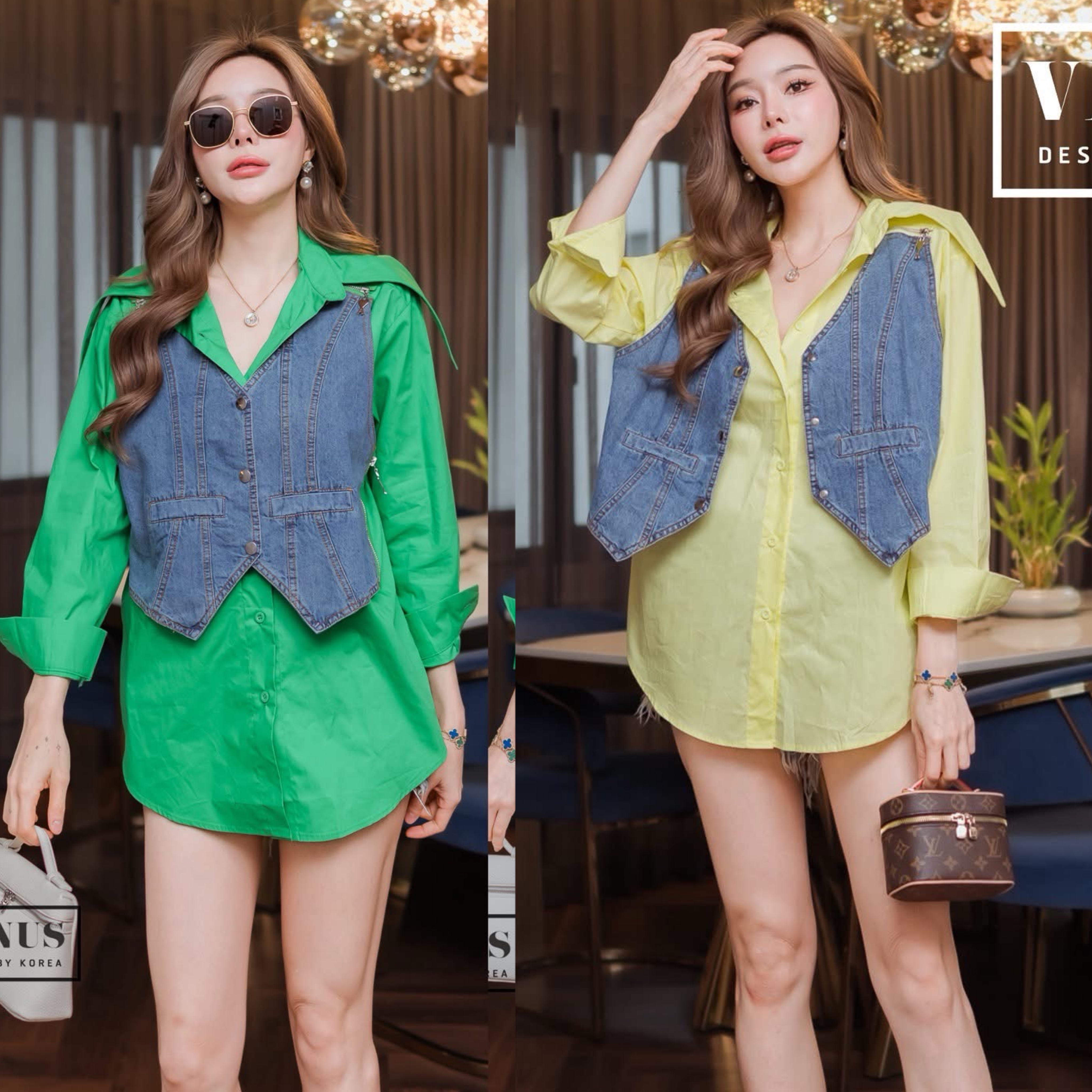 เสื้อเชิ๊ตทรงโอเวอร์ไซต์แต่งผ้ายีนคล้ายเสื้อกั๊กงานน่ารักมากๆนะคะ ดีเทลแต่งซิป หัวซิปแต่งสไตล์แบรนด์ดัง ใส่สบาย : สินค้าคุณภาพ (พร้อมส่ง)