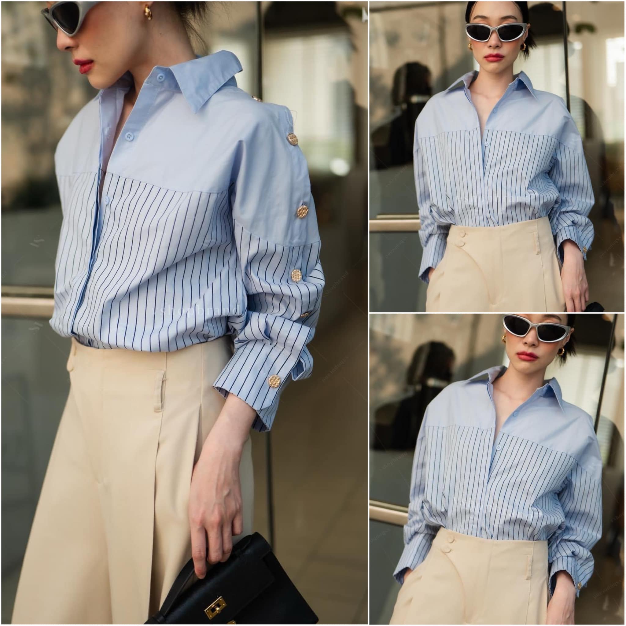 เชิ้ตลายริ้วกระดุมไหล่ ผ้าพื้นช่วงไหล่ ืีเนืัอผ้าดี ทรงสวย ใส่สบาย : สินค้าคุณภาพ (พร้อมส่ง)