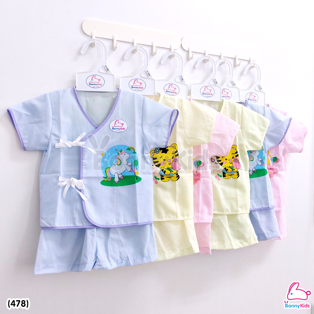 (478) ชุดเด็กแรกเกิดผูกหน้าผ้าป่าน (พื้นสี) แพ็ค 6 ชุด