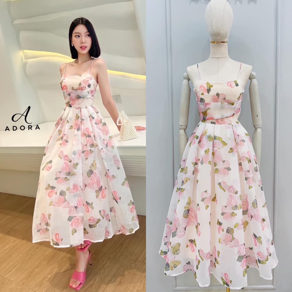 เดรส สายเดี่ยวลายกุหลาบ ผ้าเย็นสบาย มีฟองน้ำในตัว ซิปหลัง มีซับในสามชั้น ใส่สบาย : สินค้าคุณภาพ (พร้อมส่ง)