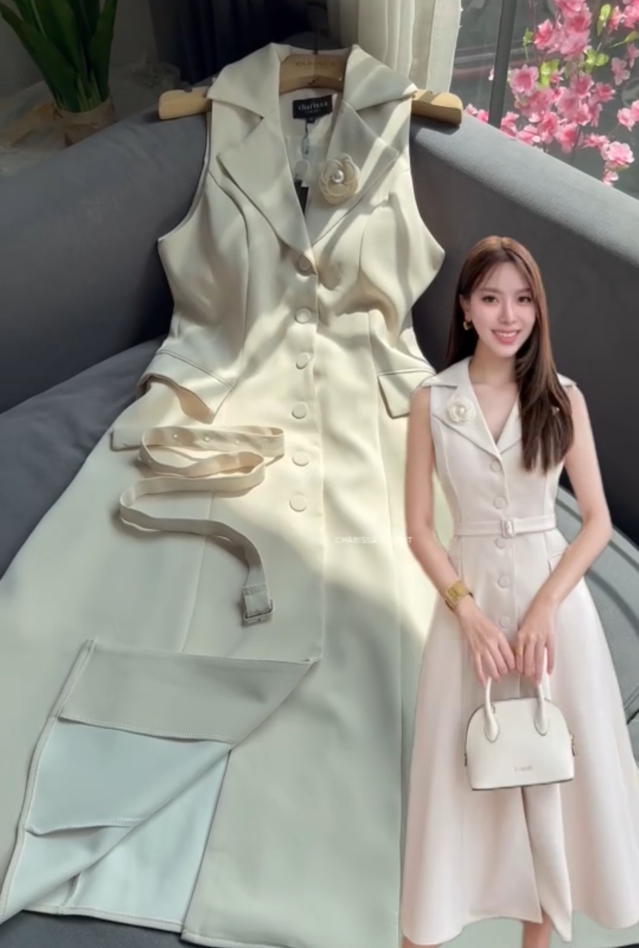 เดรสสูทแขนกุดทรงปกใหญ่ ใส่ออกมาดูผอมเข้ารูปมาก กระดุมจริงด้านหน้า รุ่นนี้น้องมีซับในทั้งชุด แถมฟรีเข็มขัด ใส่สบาย : สินค้าคุณภาพ (พร้อมส่ง)