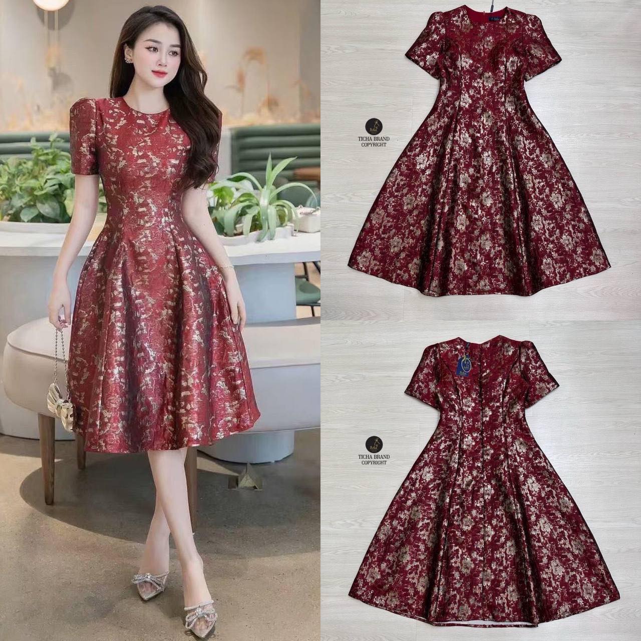 เดรสคอกลมแขนสั้น ดีเทลผ้าทอสีแดงสลับทอลายดอกสีทองดีไซน์สวย ช่วงกระโปรงยาวทรงย้วยสวย (อกเสริมฟองน้ำ มีซิปหลัง) ใส่สบาย : สินค้าคุณภาพ (พร้อมส่ง)