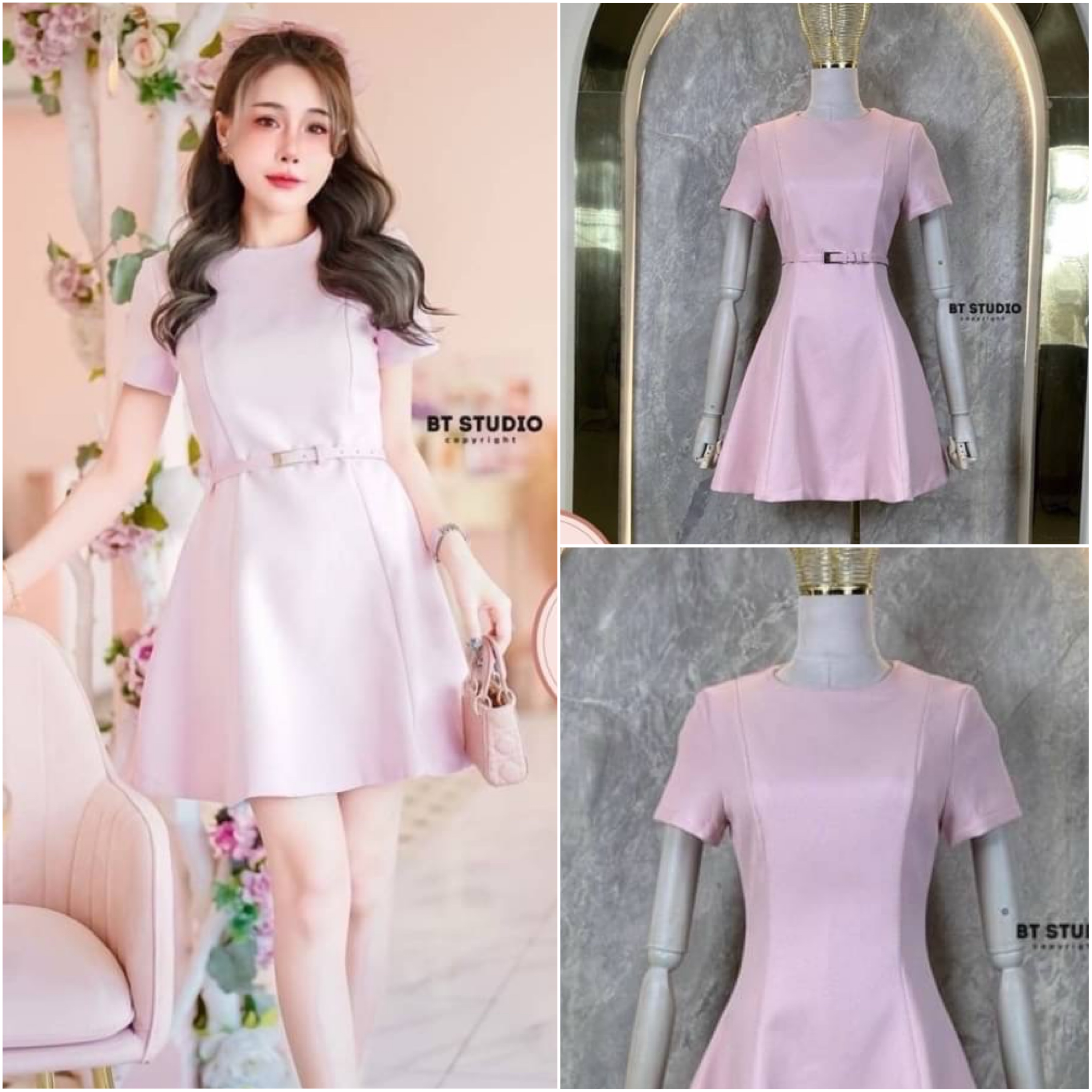 เดรสสั้นแขนสั้นคอกลม กระโปรงบานออก มาพร้อมเข็มขัดเส้นเล็กสีขาว งานเนื้อผ้าสวยมากมีลายในตัว มีซับในจ้า ใส่สบาย : สินค้าคุณภาพ (พร้อมส่ง)