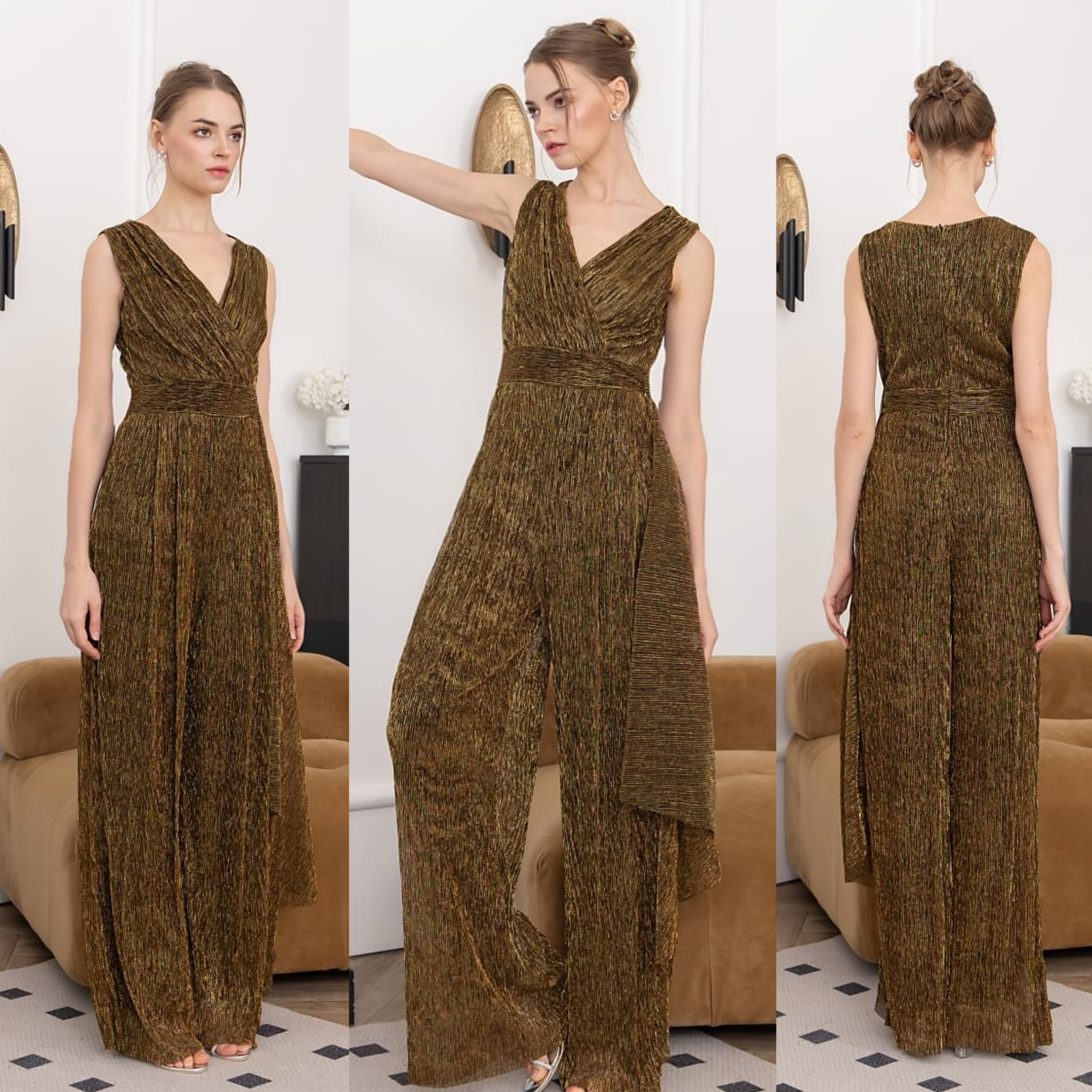 จั๊มสูทเสื้อคอป้ายแขนกุด กางเกงขา ตรงจับจีบ แต่งชายระบายด้านข้าง ใส่สบาย : สินค้าคุณภาพ (พร้อมส่ง)