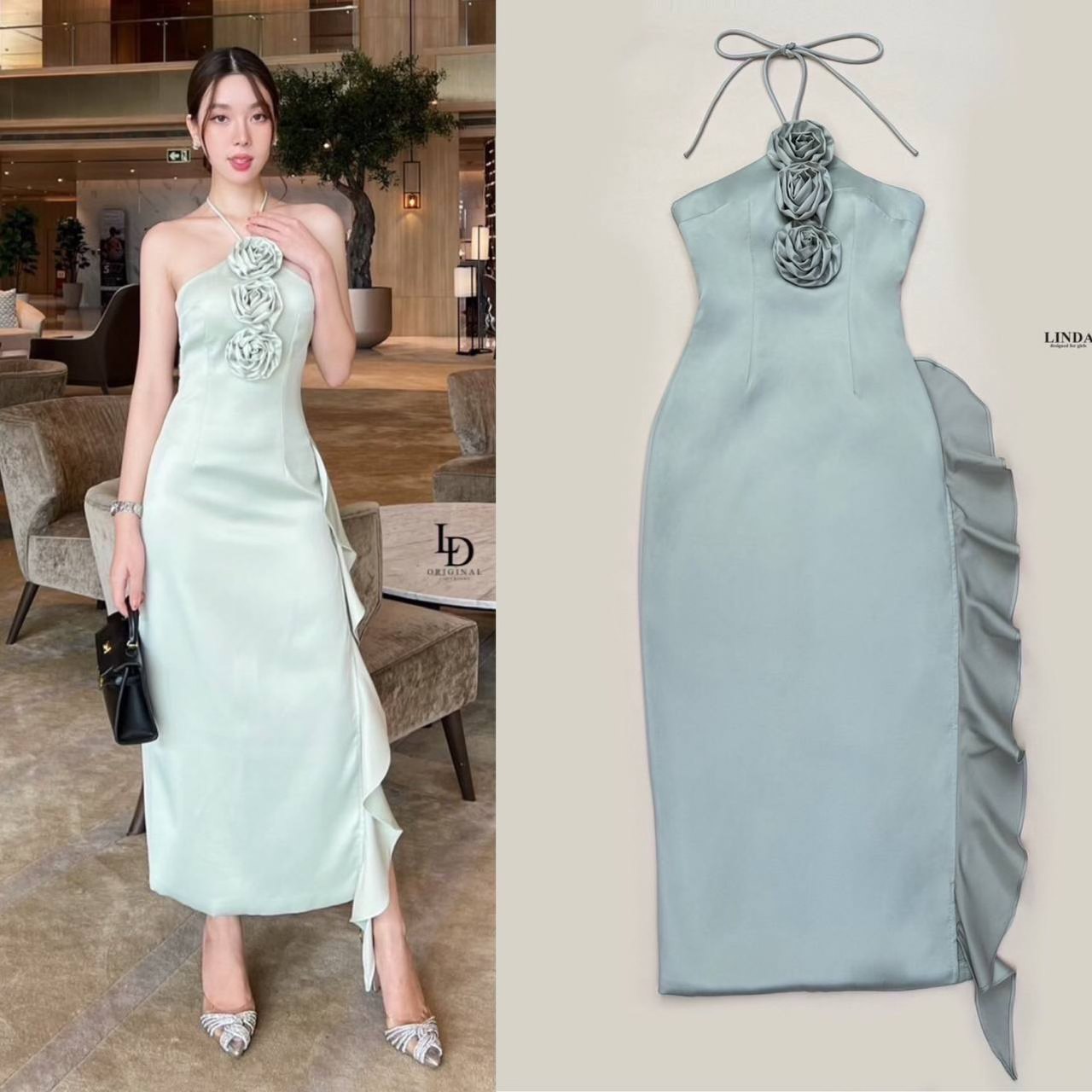 เดรสที่ทุกคนถามหากันเยอะที่สุดในตอนนี้คุณภาพเหมือนเดิมค่ะผ้าซาตินอัดกาวมีซับในทั้งตัวผ่าด้านข้างแต่งระบายด้านข้างนะคะประดับด้วยดอกไม้สามดอกช่วงอกตัวสายผูกเป็นแบบคล้องคอค่ะ สินค้าคุณภาพ (พร้อมส่ง)