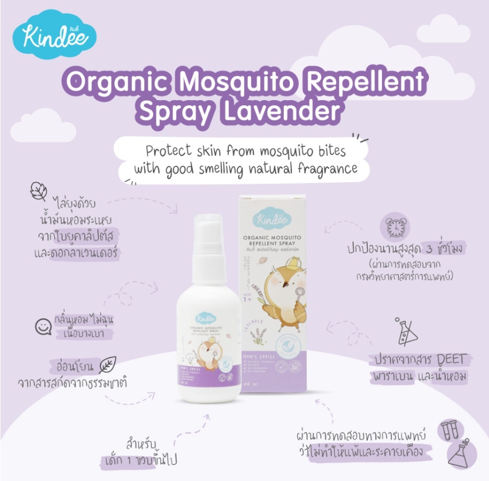 (7932) คินดี้ สเปรย์กันยุง ออร์แกนิค กลิ่นลาเวนเดอร์ สำหรับเด็ก 1 ขวบขึ้นไป ปกป้องยาวนาน 6 ชม. (60 มล.)